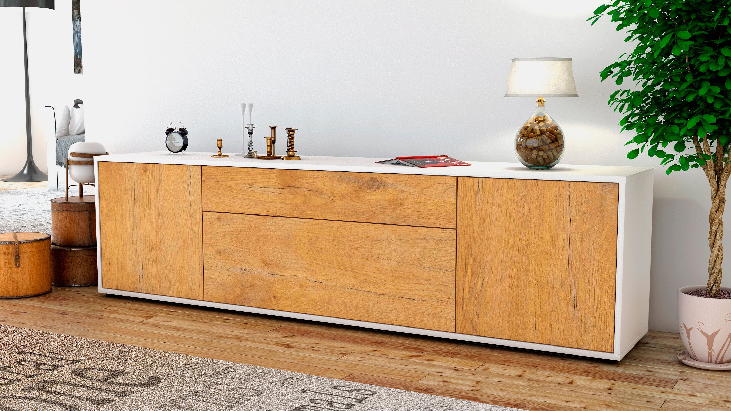 Lowboard - Aria - Design Holzdekor - Freistehend mit Push to Open 180 cm Weiss