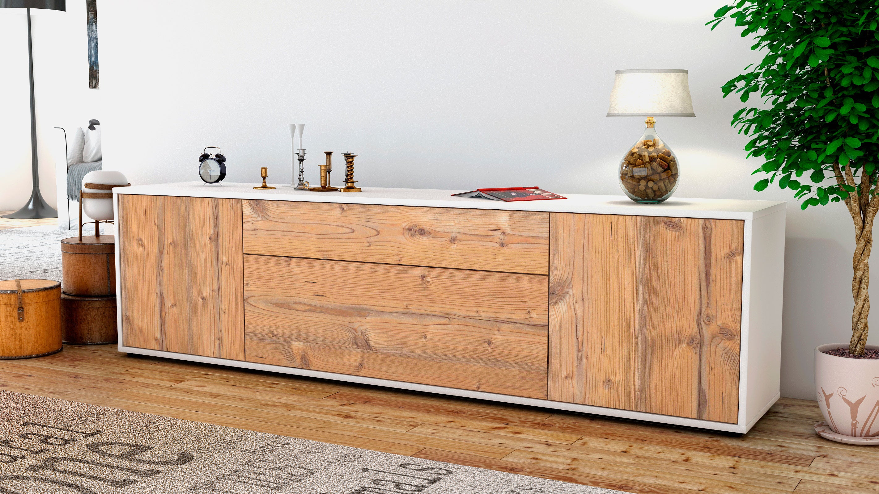Lowboard - Aria - Design Holzdekor - Freistehend mit Push to Open 180 cm Weiss