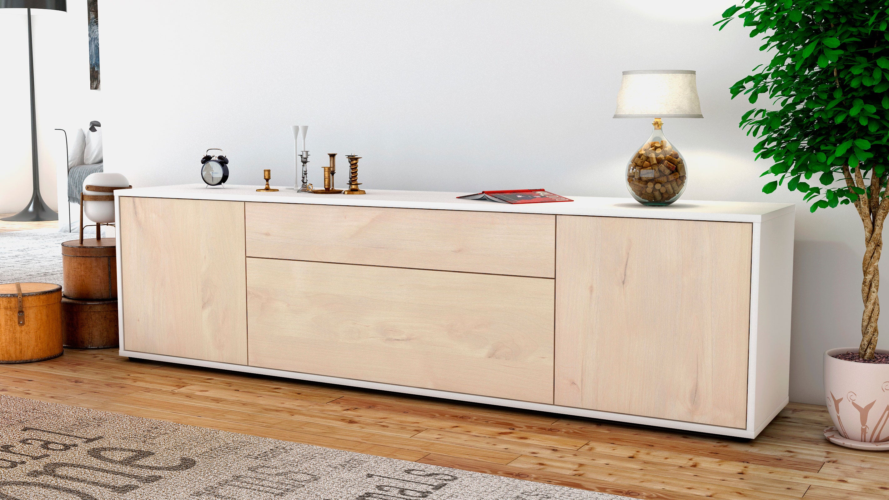 Lowboard - Aria - Design Holzdekor - Freistehend mit Push to Open 180 cm Weiss
