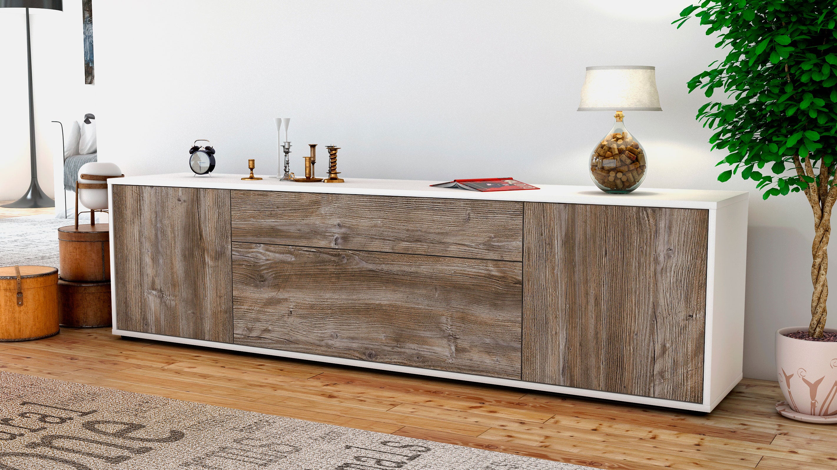 Lowboard - Aria - Design Holzdekor - Freistehend mit Push to Open 180 cm Weiss