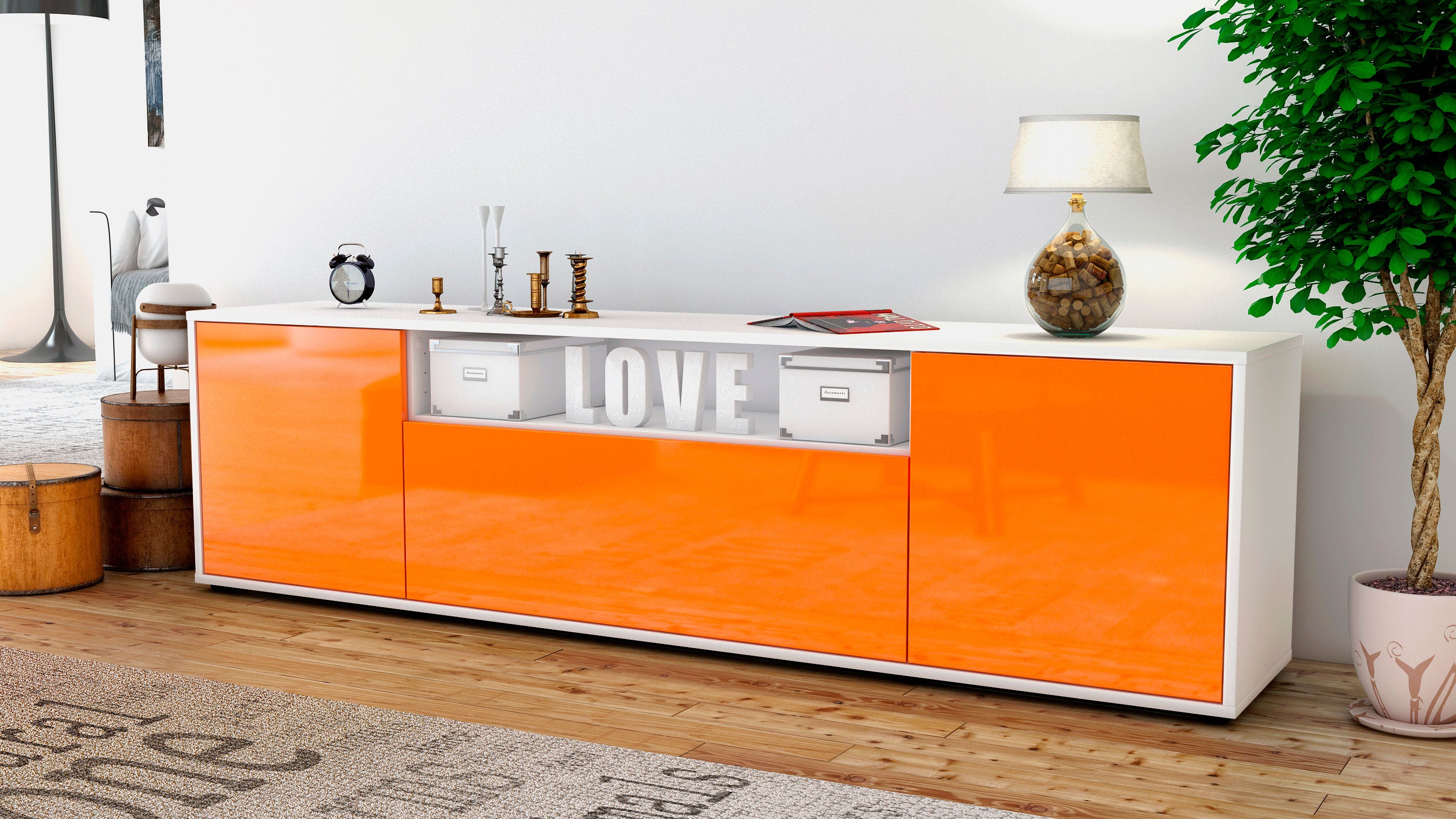 Lowboard - Ariana - Design Hochglanz - Freistehend mit Push to Open 180 cm Weiss