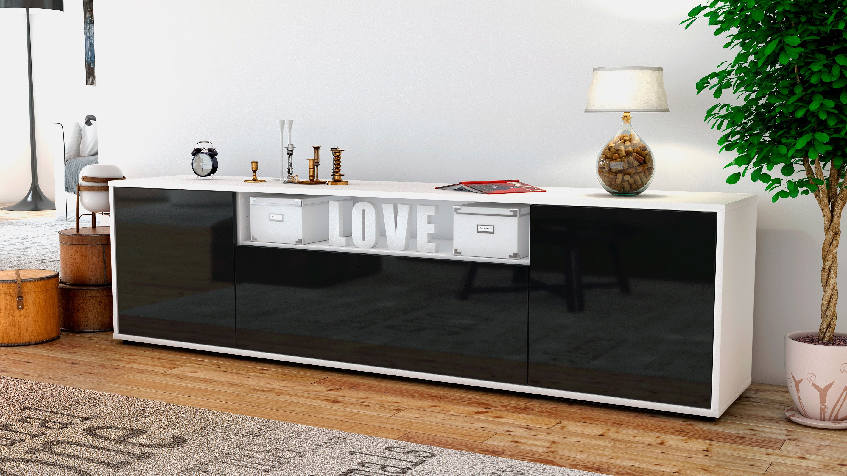 Lowboard - Ariana - Design Hochglanz - Freistehend mit Push to Open 180 cm Weiss
