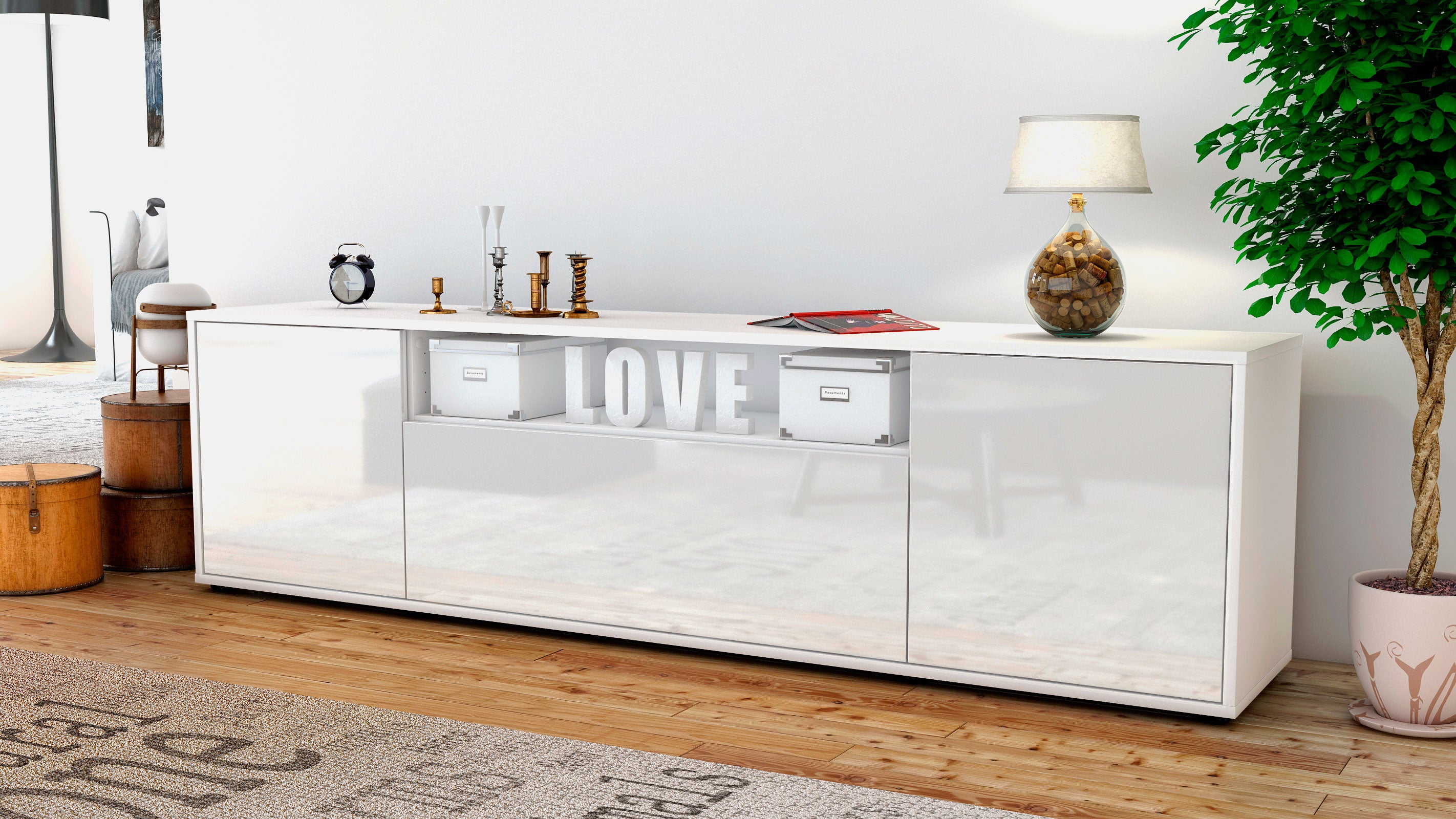 Lowboard - Ariana - Design Hochglanz - Freistehend mit Push to Open 180 cm Weiss