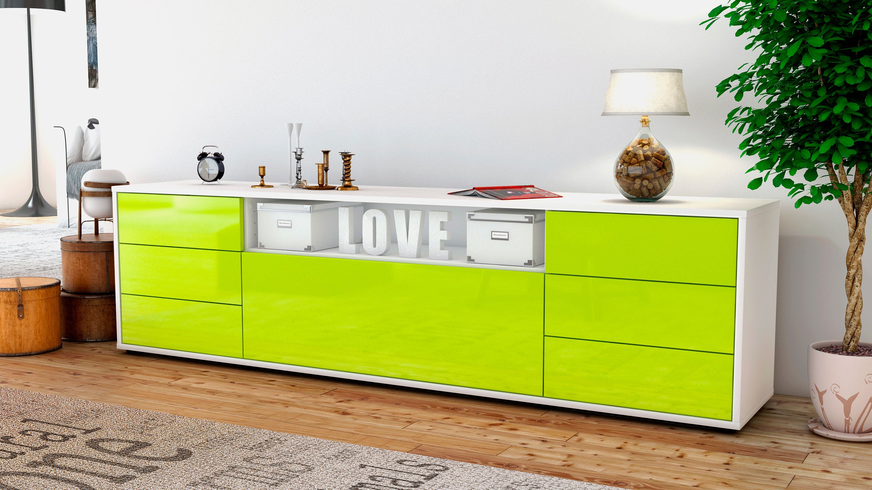 Lowboard - Beatrice - Design Hochglanz - Freistehend mit Push to Open 180 cm Weiss