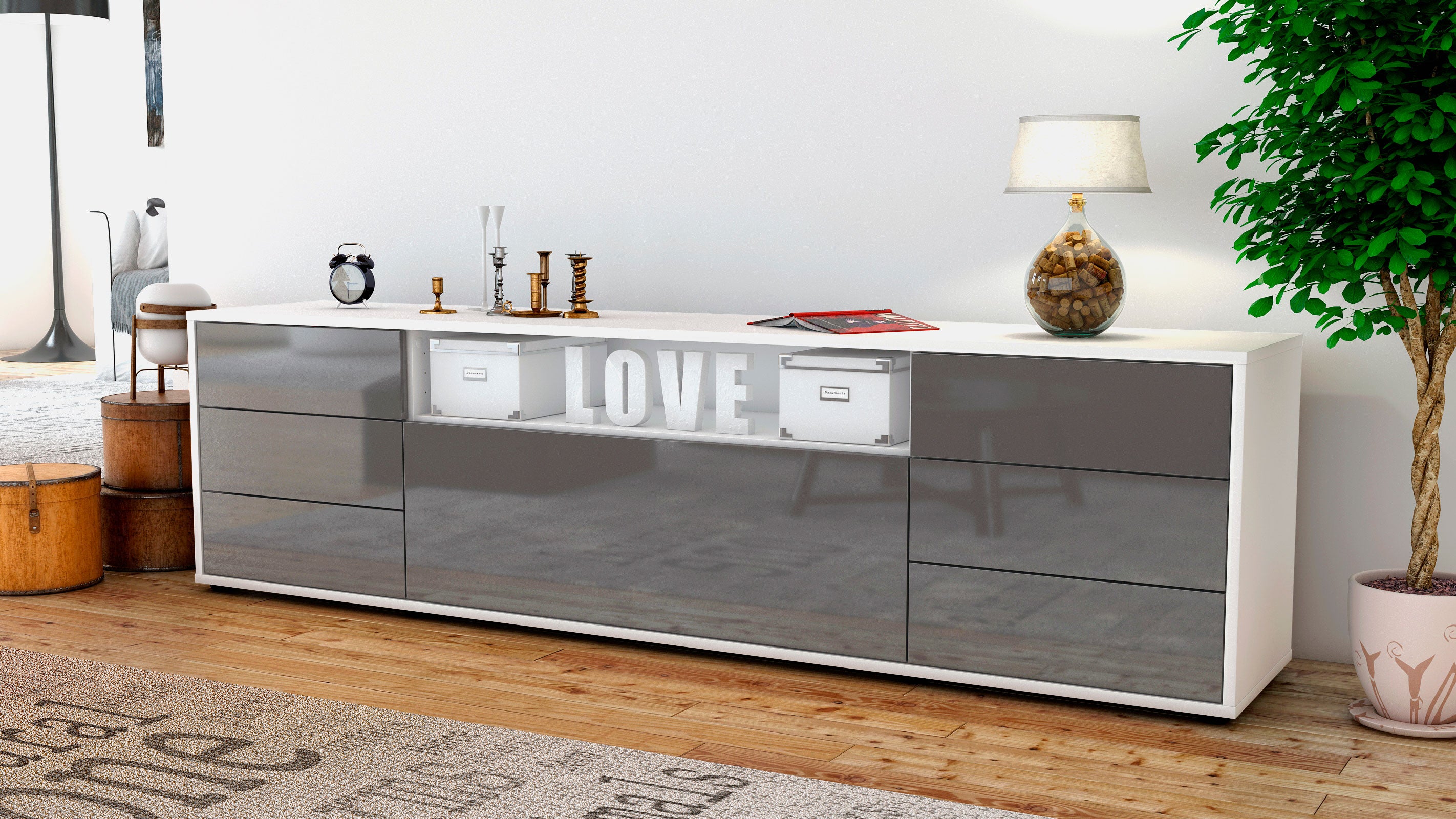 Lowboard - Beatrice - Design Hochglanz - Freistehend mit Push to Open 180 cm Weiss
