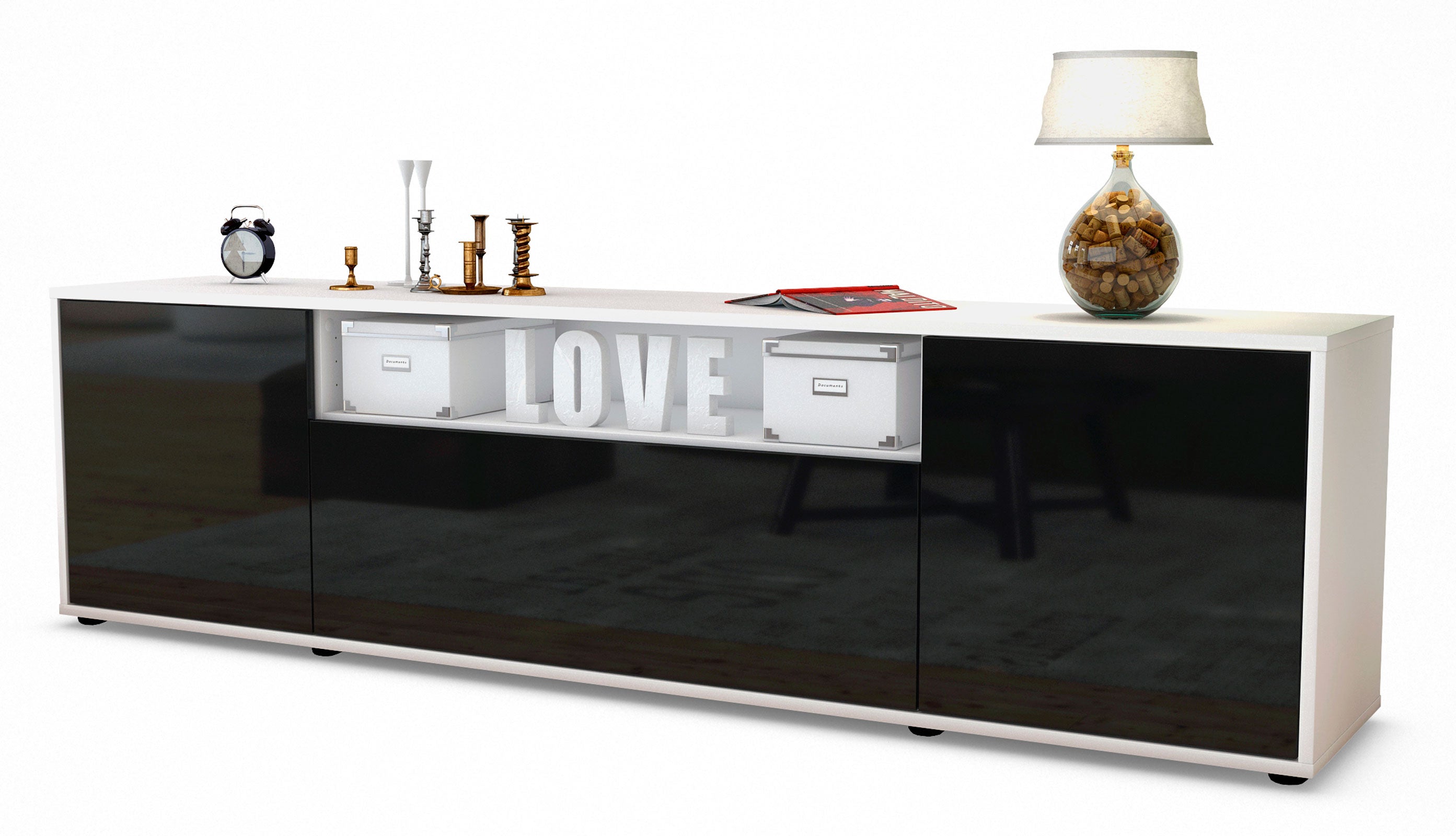 Lowboard - Ariana - Design Hochglanz - Freistehend mit Push to Open 180 cm Weiss
