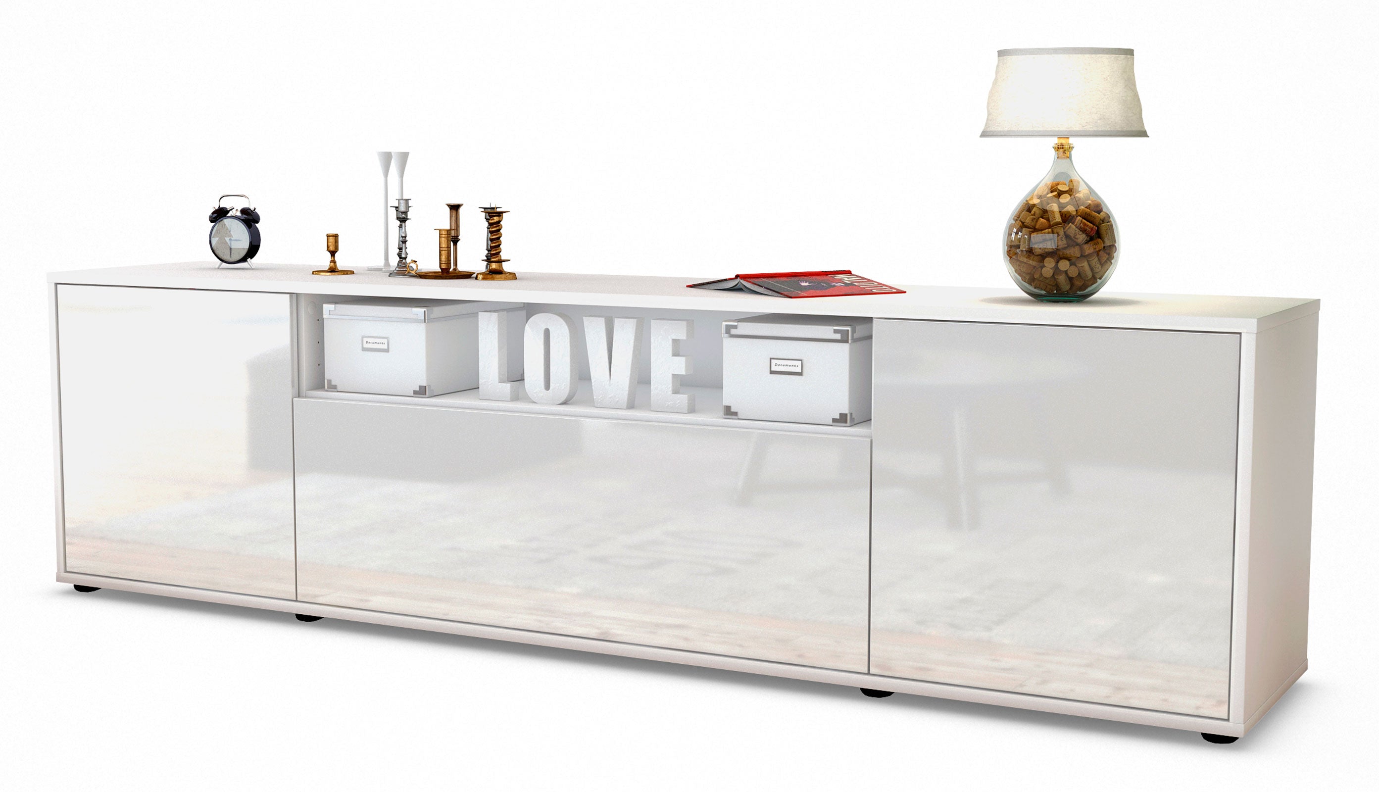 Lowboard - Ariana - Design Hochglanz - Freistehend mit Push to Open 180 cm Weiss