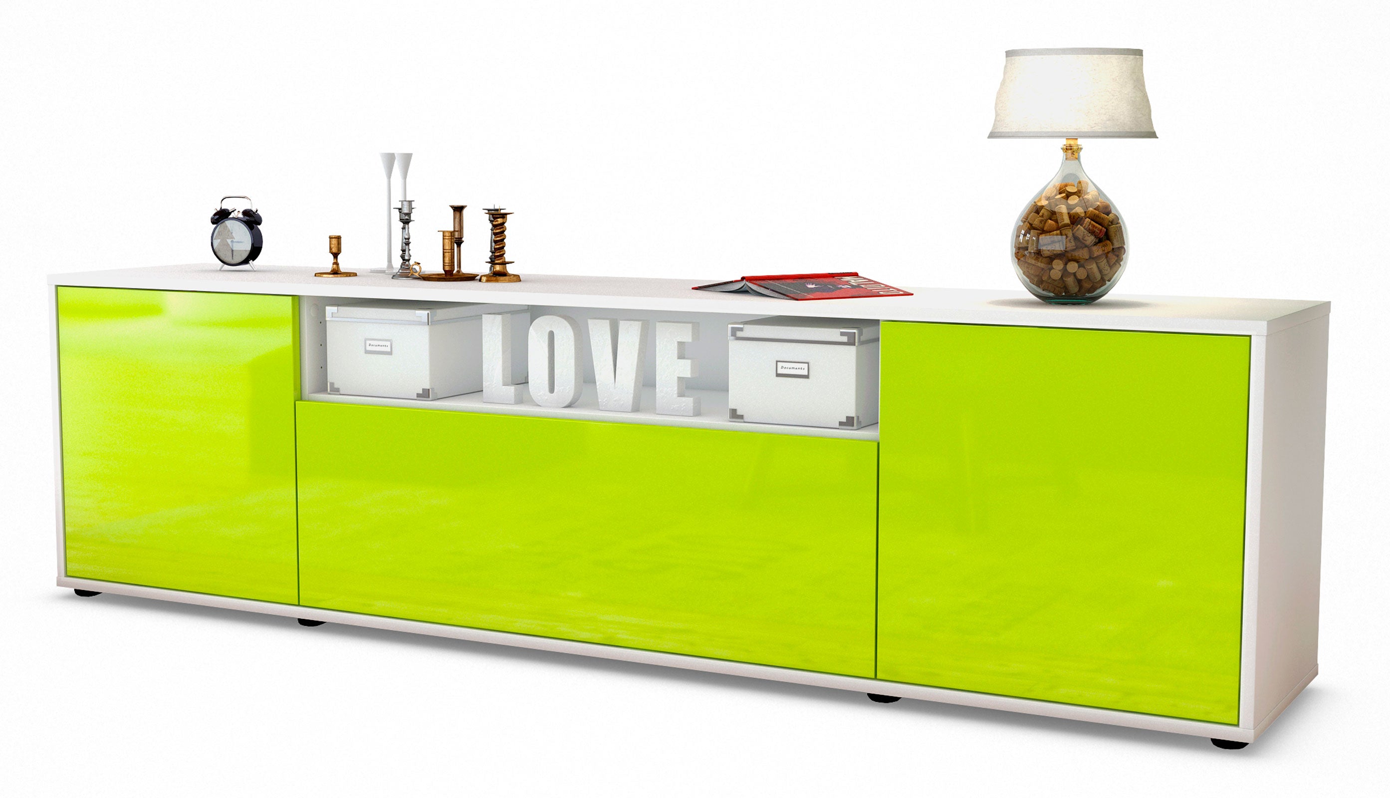 Lowboard - Ariana - Design Hochglanz - Freistehend mit Push to Open 180 cm Weiss