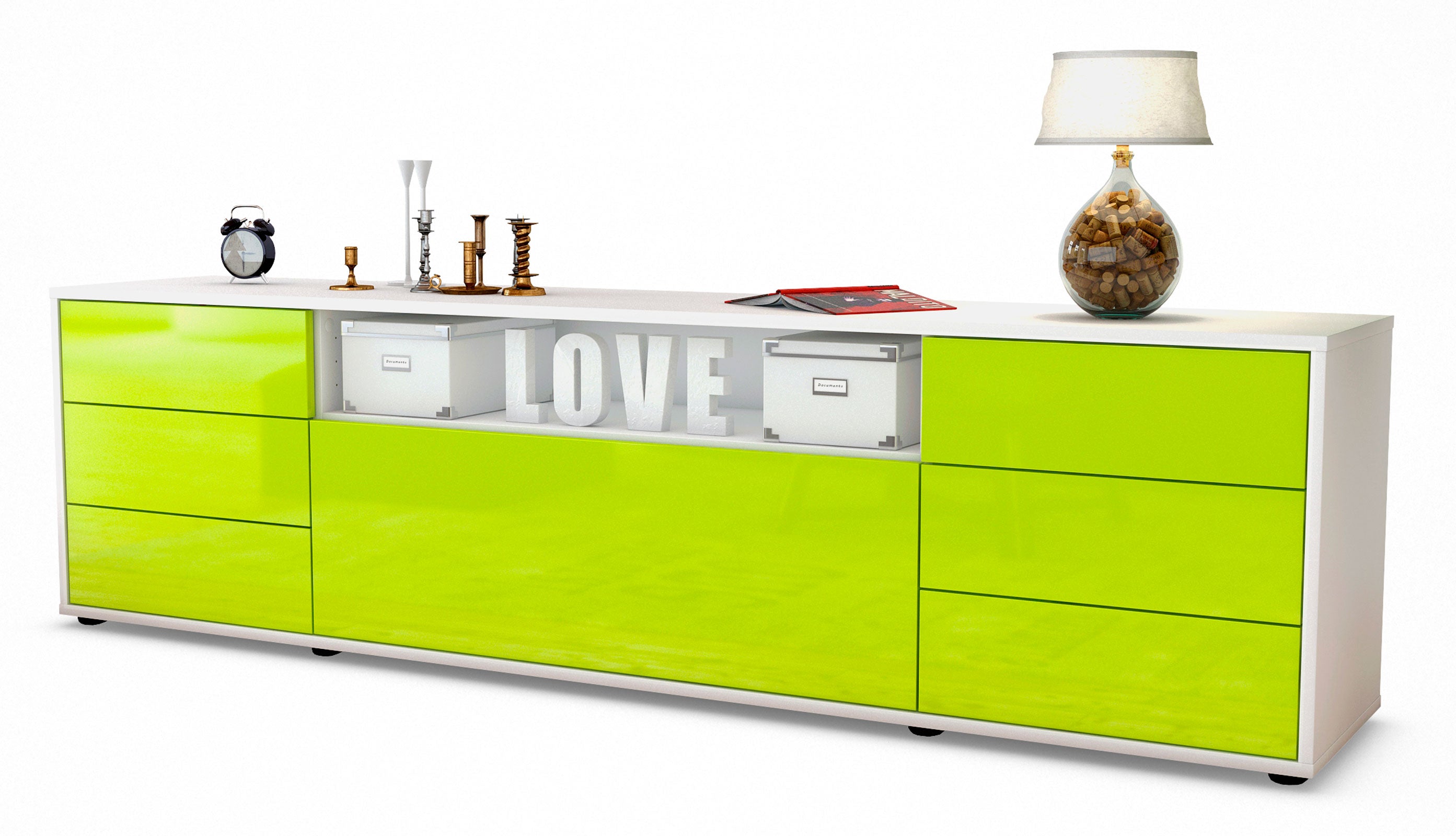 Lowboard - Beatrice - Design Hochglanz - Freistehend mit Push to Open 180 cm Weiss