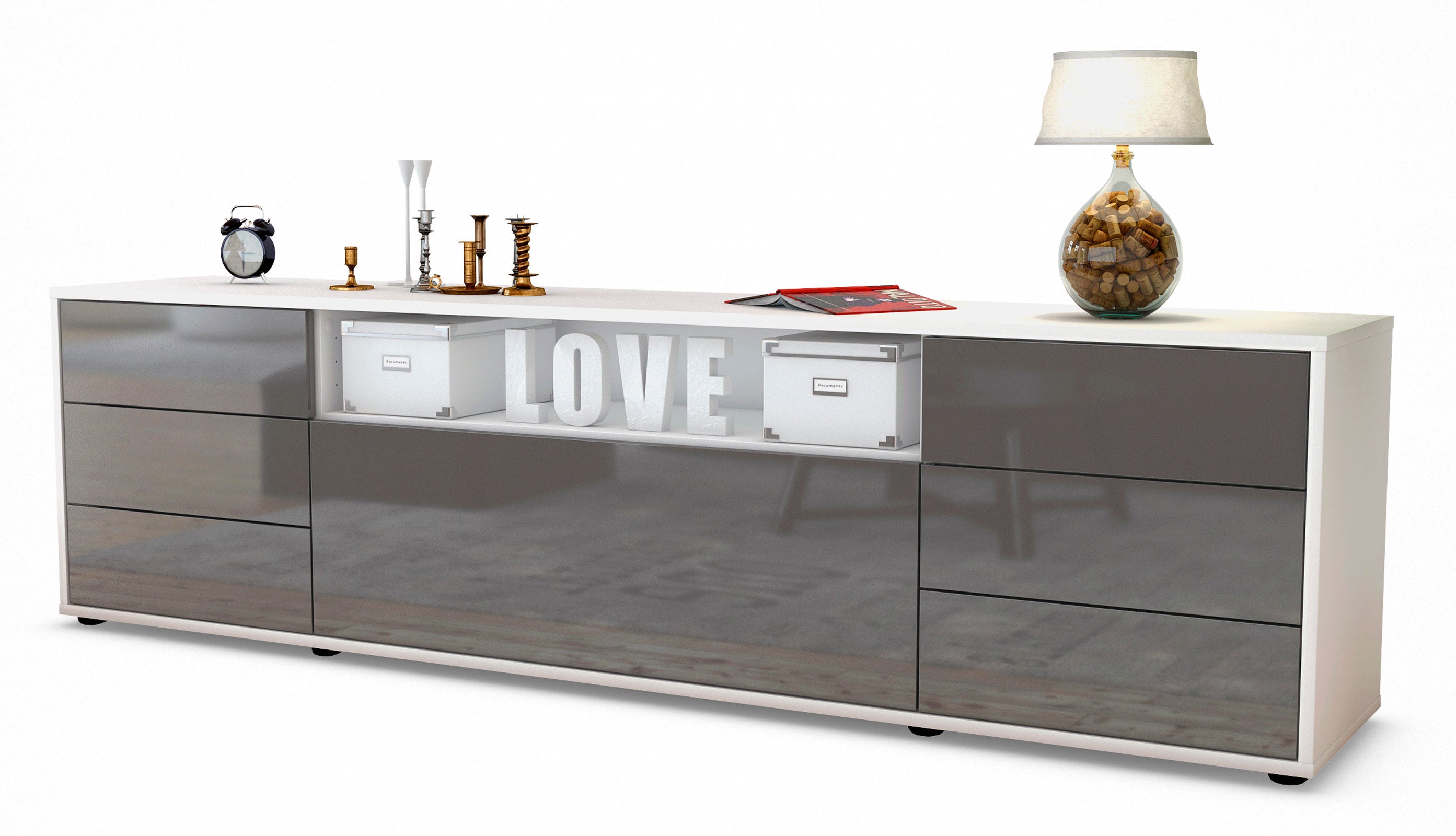 Lowboard - Beatrice - Design Hochglanz - Freistehend mit Push to Open 180 cm Weiss