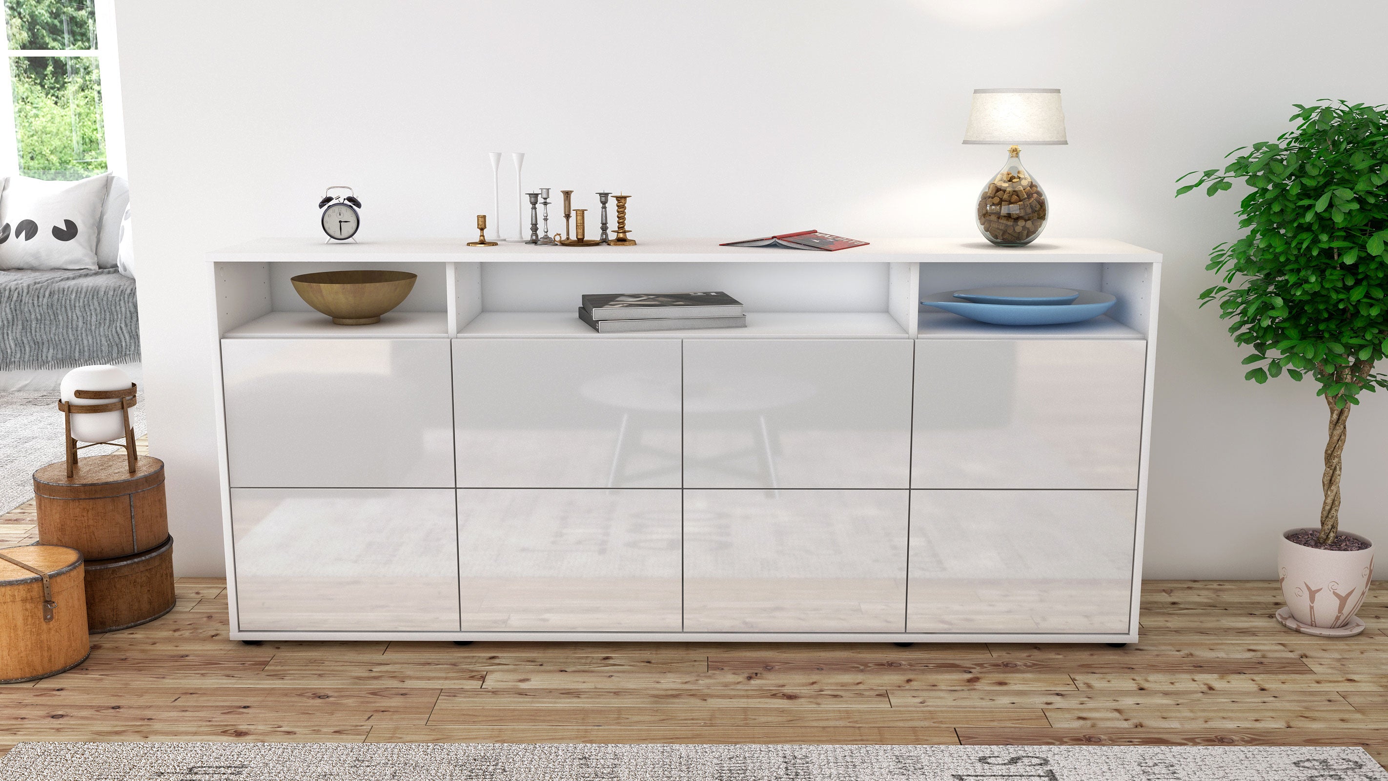 Sideboard - Evita - Design Hochglanz - Freistehend mit Push to Open 180 cm Weiss