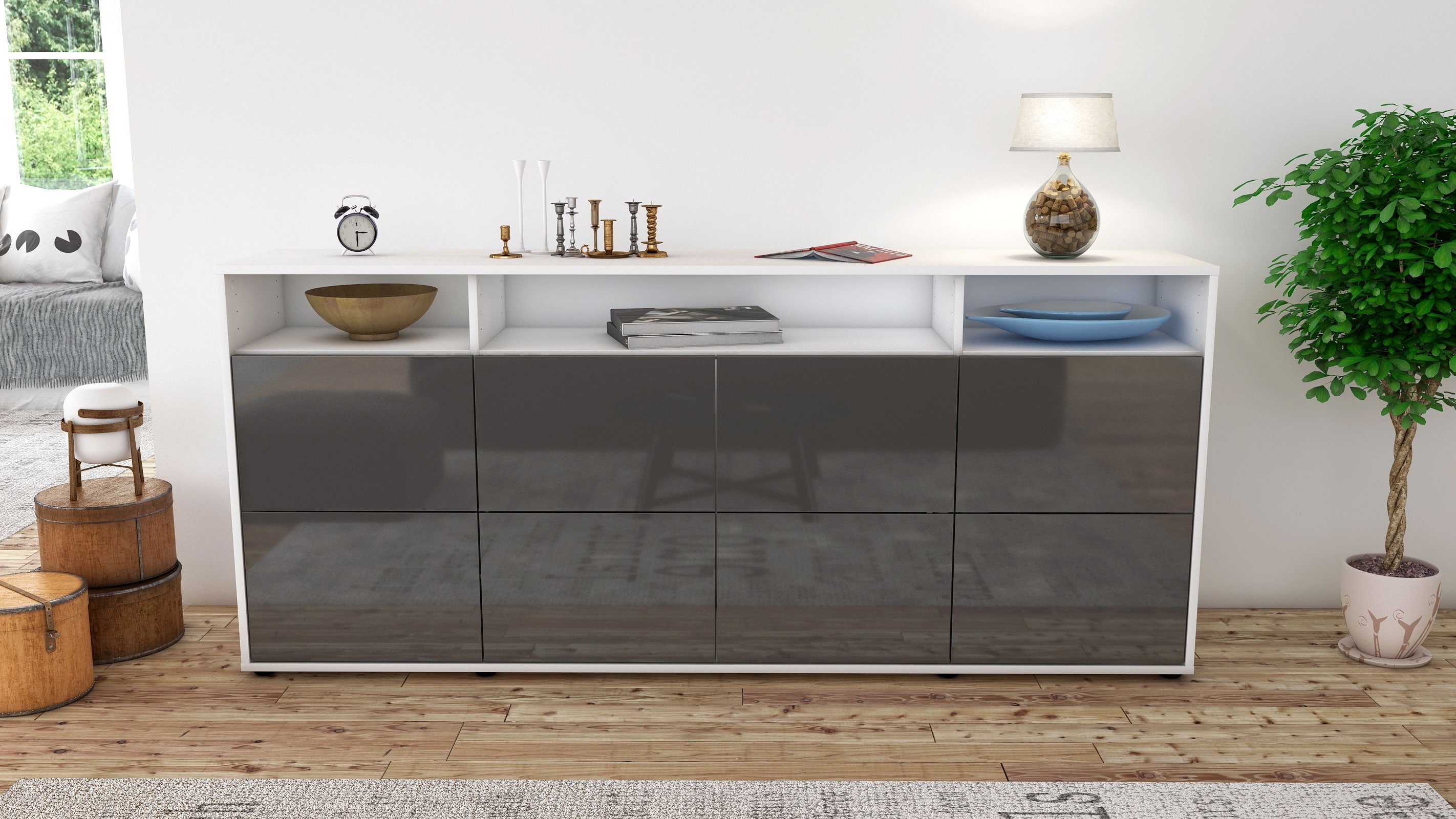 Sideboard - Evita - Design Hochglanz - Freistehend mit Push to Open 180 cm Weiss
