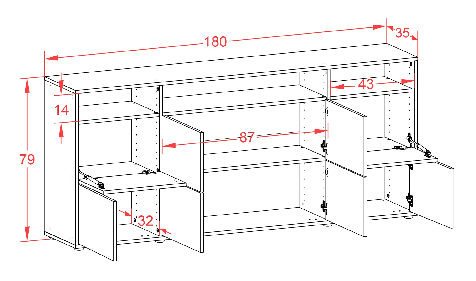 Sideboard - Evita - Design Hochglanz - Freistehend mit Push to Open 180 cm Weiss