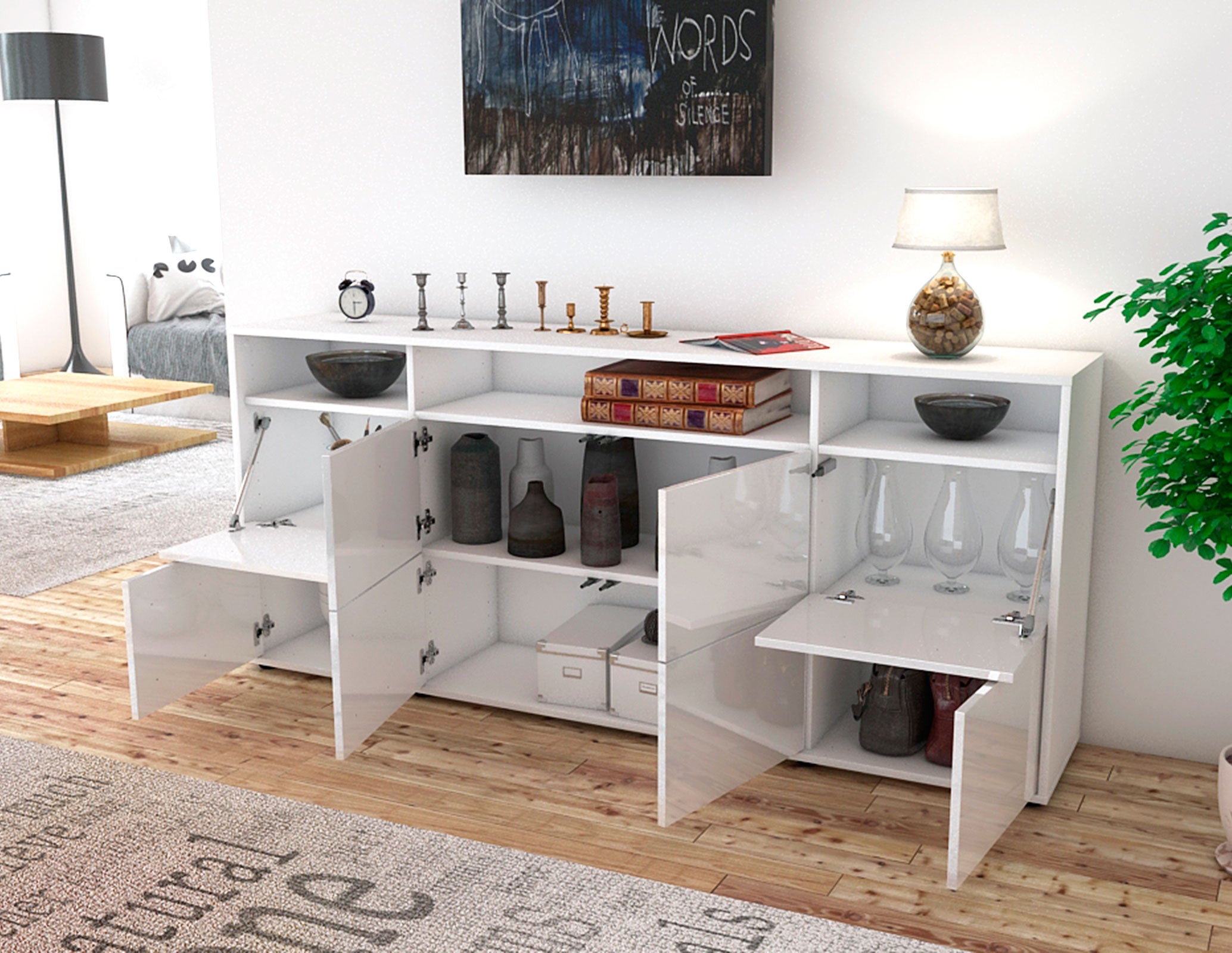 Sideboard - Evita - Design Hochglanz - Freistehend mit Push to Open 180 cm Weiss