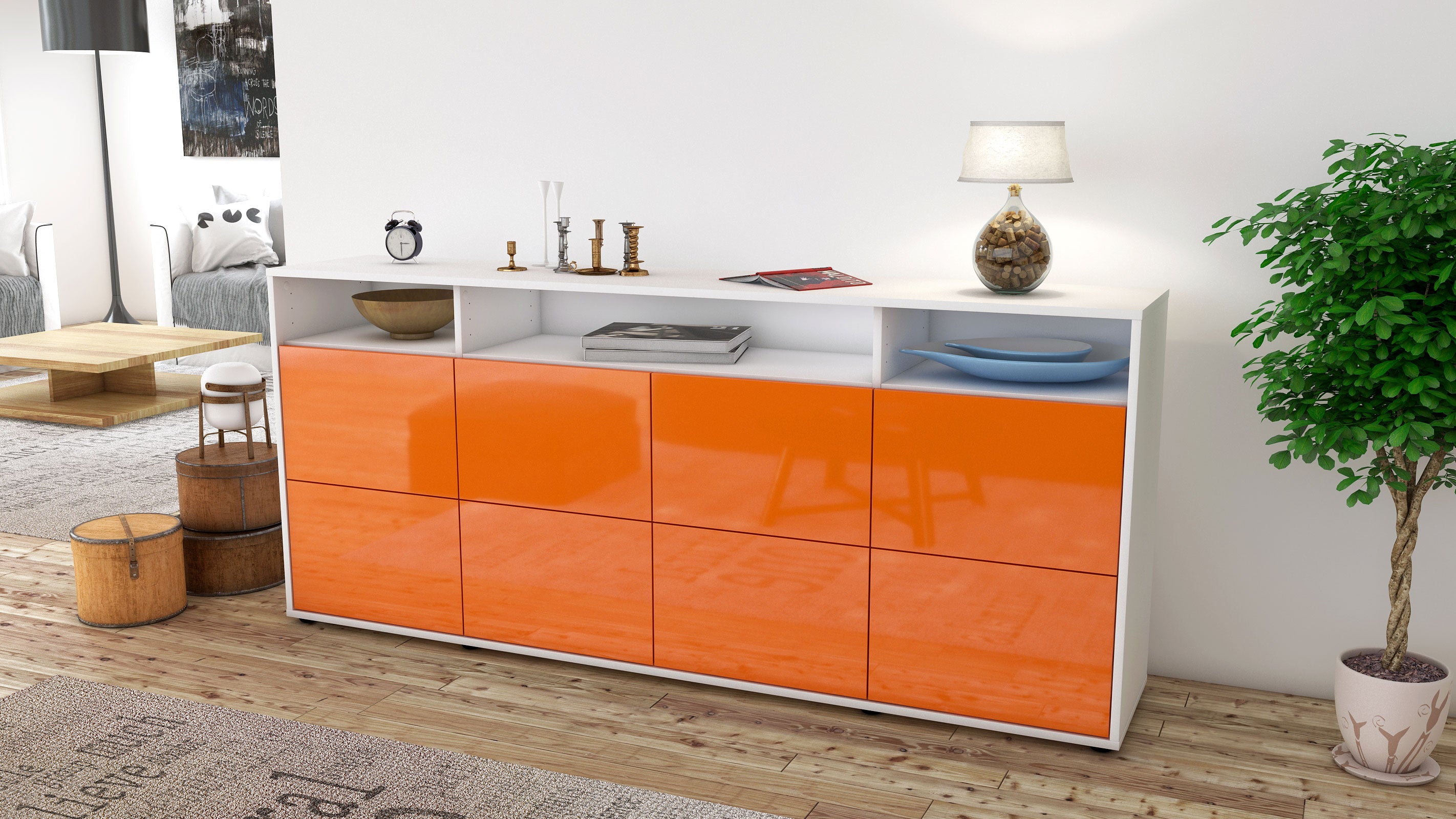 Sideboard - Evita - Design Hochglanz - Freistehend mit Push to Open 180 cm Weiss