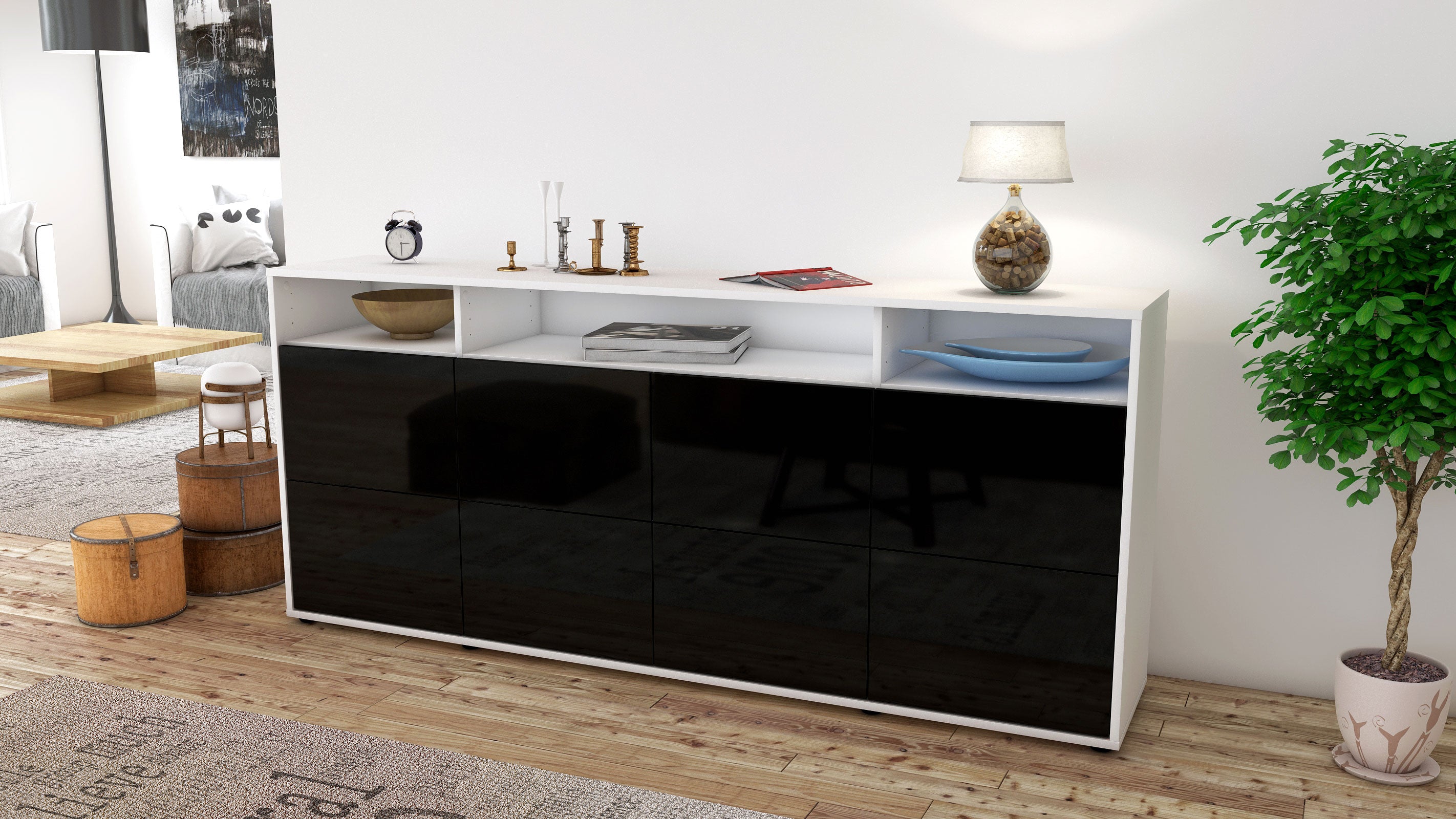 Sideboard - Evita - Design Hochglanz - Freistehend mit Push to Open 180 cm Weiss