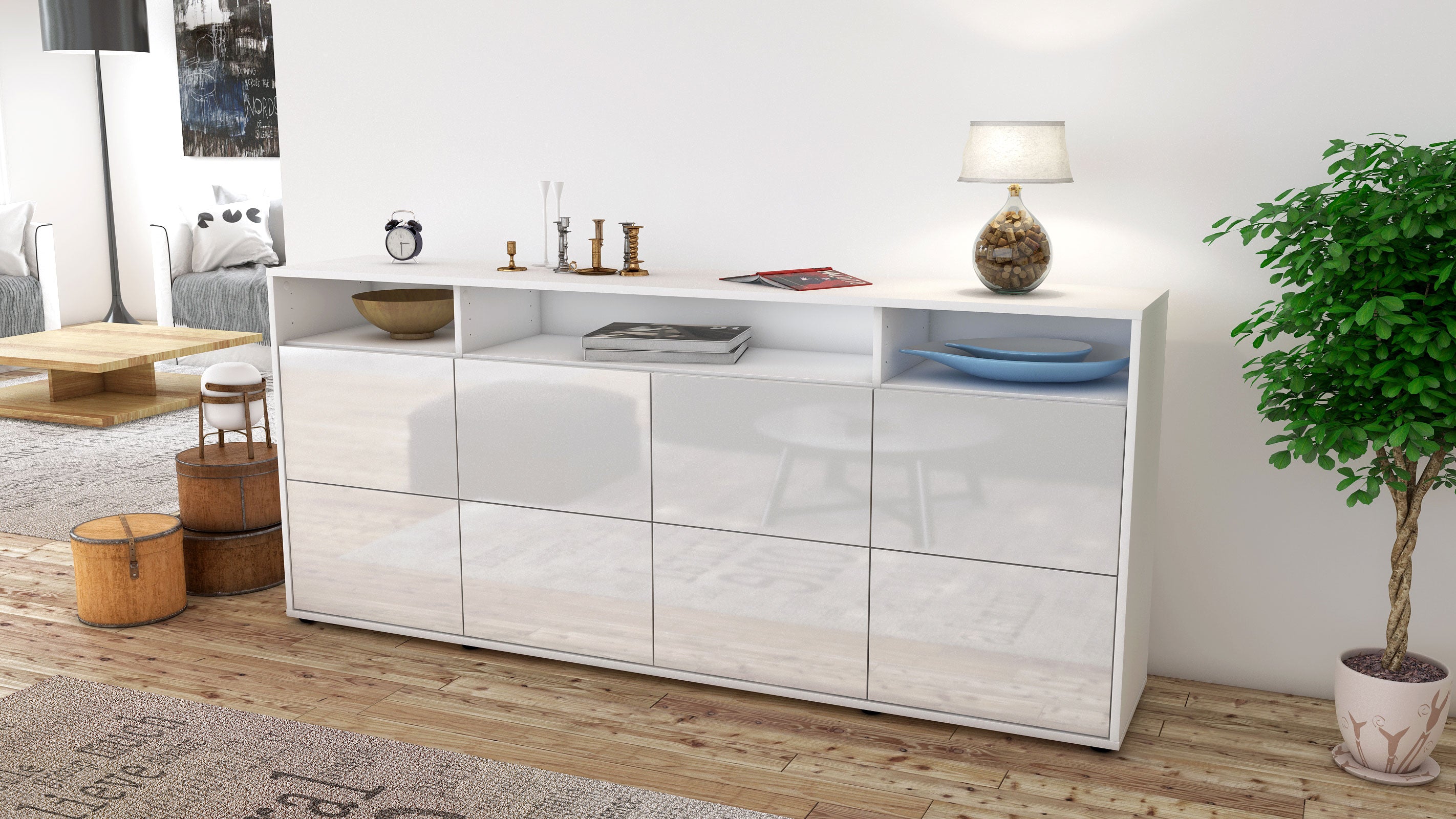 Sideboard - Evita - Design Hochglanz - Freistehend mit Push to Open 180 cm Weiss