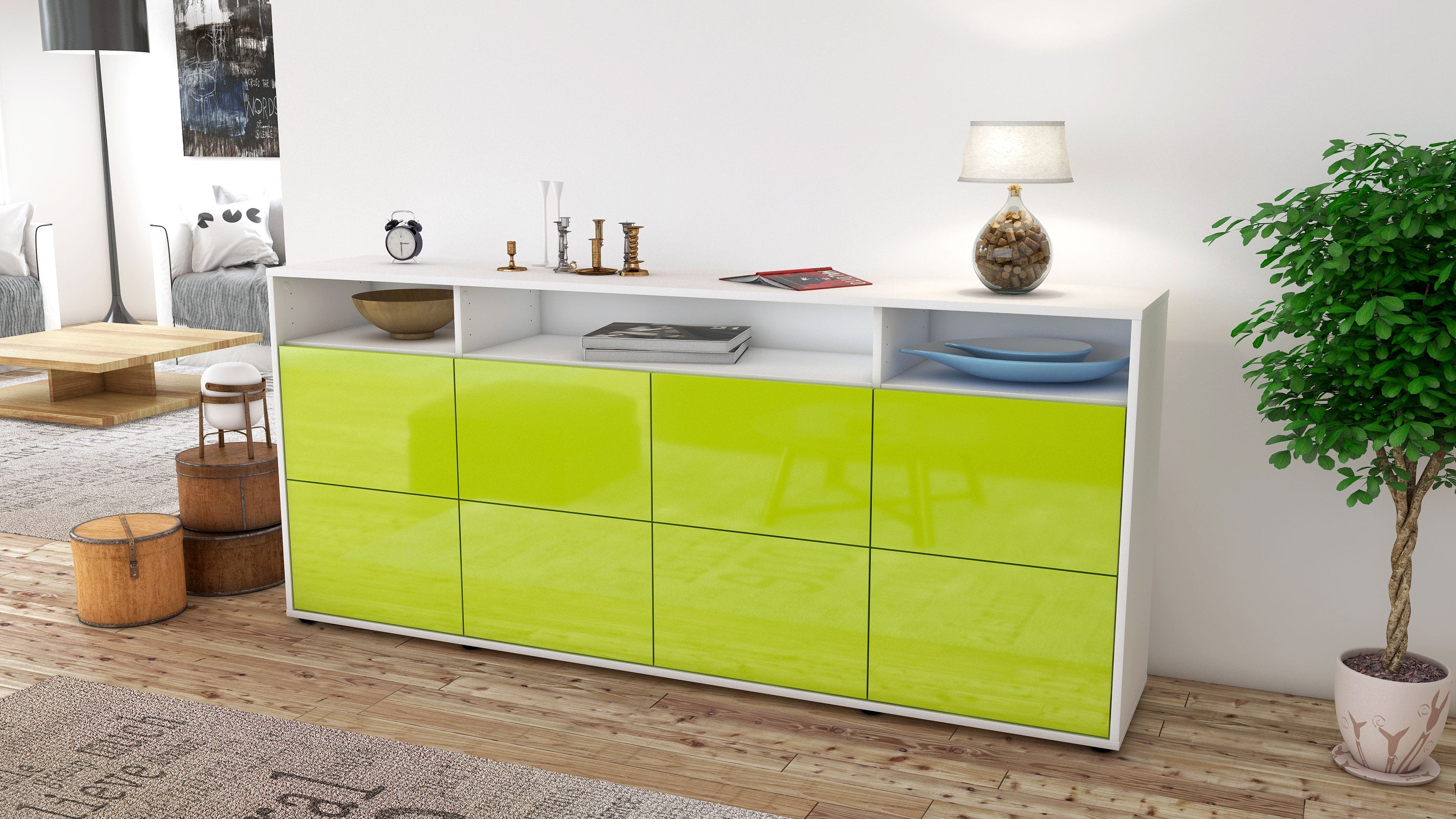 Sideboard - Evita - Design Hochglanz - Freistehend mit Push to Open 180 cm Weiss