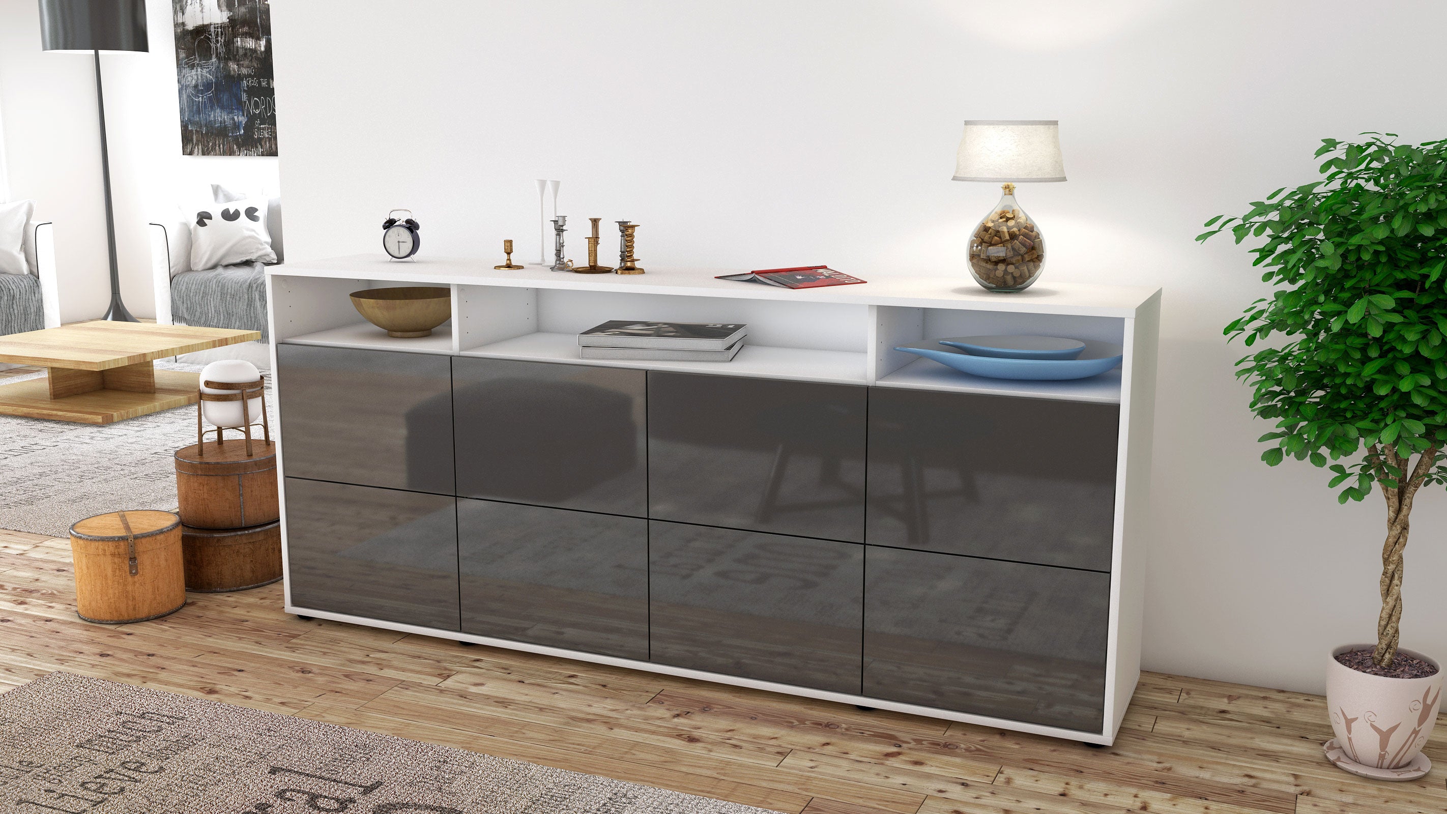 Sideboard - Evita - Design Hochglanz - Freistehend mit Push to Open 180 cm Weiss