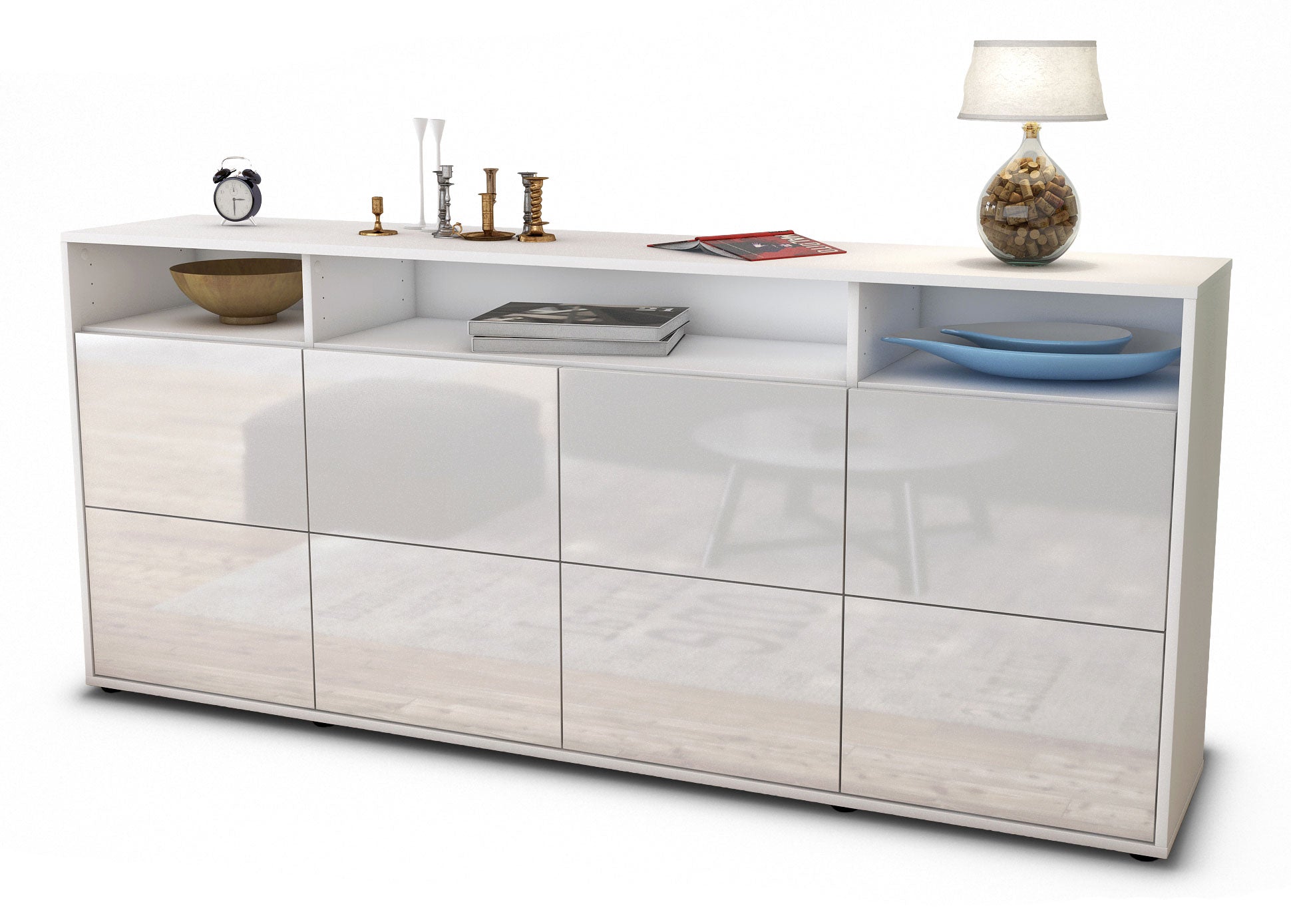 Sideboard - Evita - Design Hochglanz - Freistehend mit Push to Open 180 cm Weiss