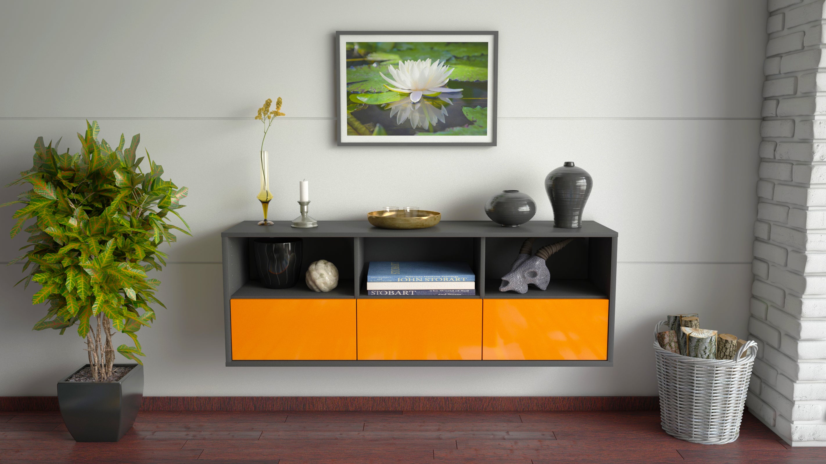 Lowboard - Amalia - Design Hochglanz - Wandmontage mit Push to Open 136 cm Anthrazit