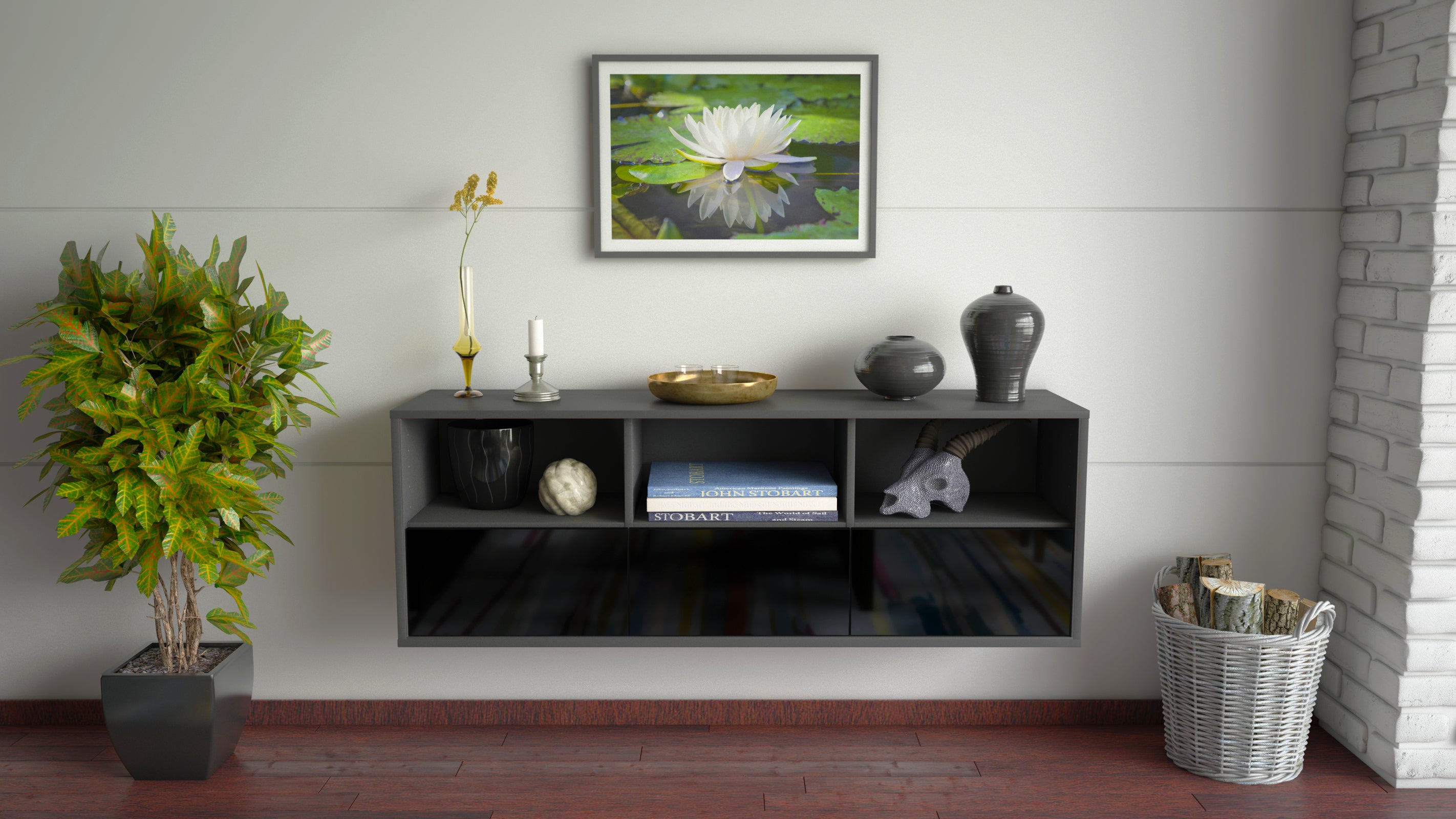 Lowboard - Amalia - Design Hochglanz - Wandmontage mit Push to Open 136 cm Anthrazit