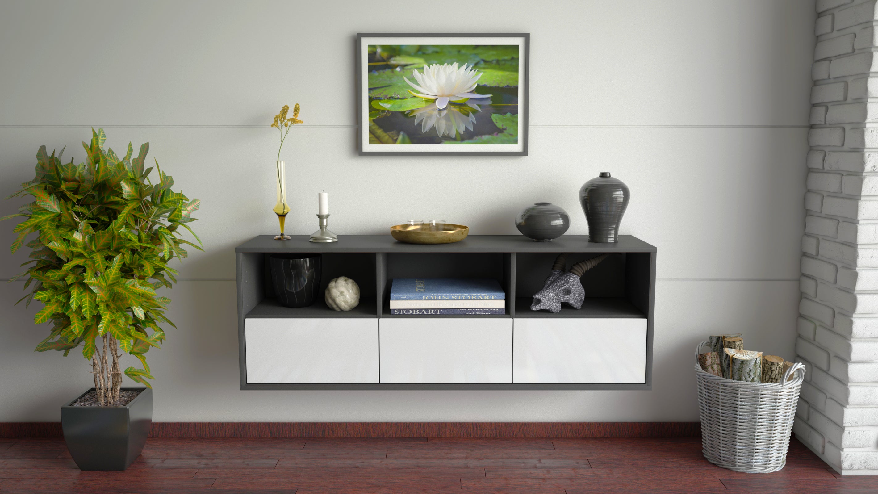 Lowboard - Amalia - Design Hochglanz - Wandmontage mit Push to Open 136 cm Anthrazit