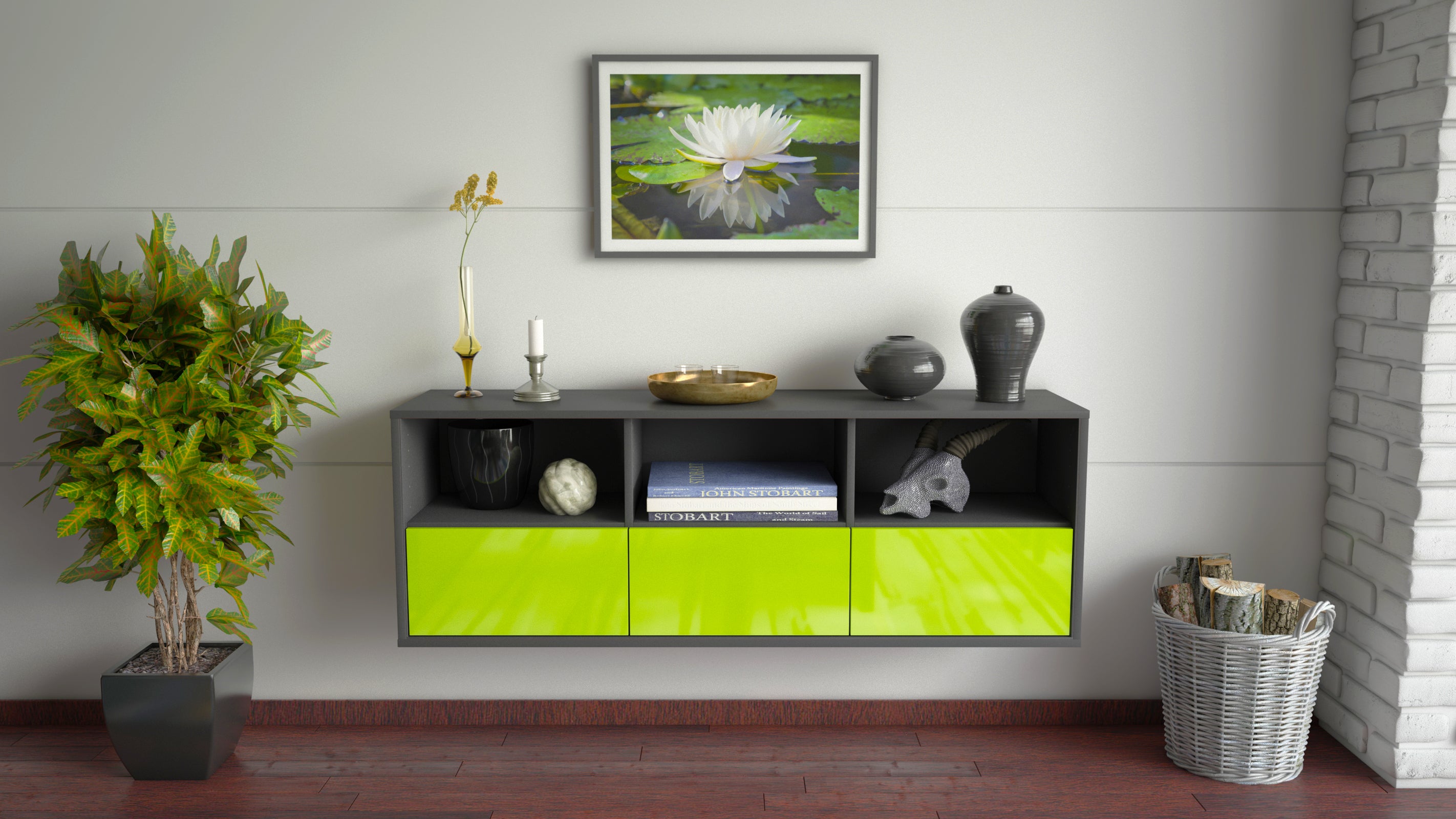 Lowboard - Amalia - Design Hochglanz - Wandmontage mit Push to Open 136 cm Anthrazit