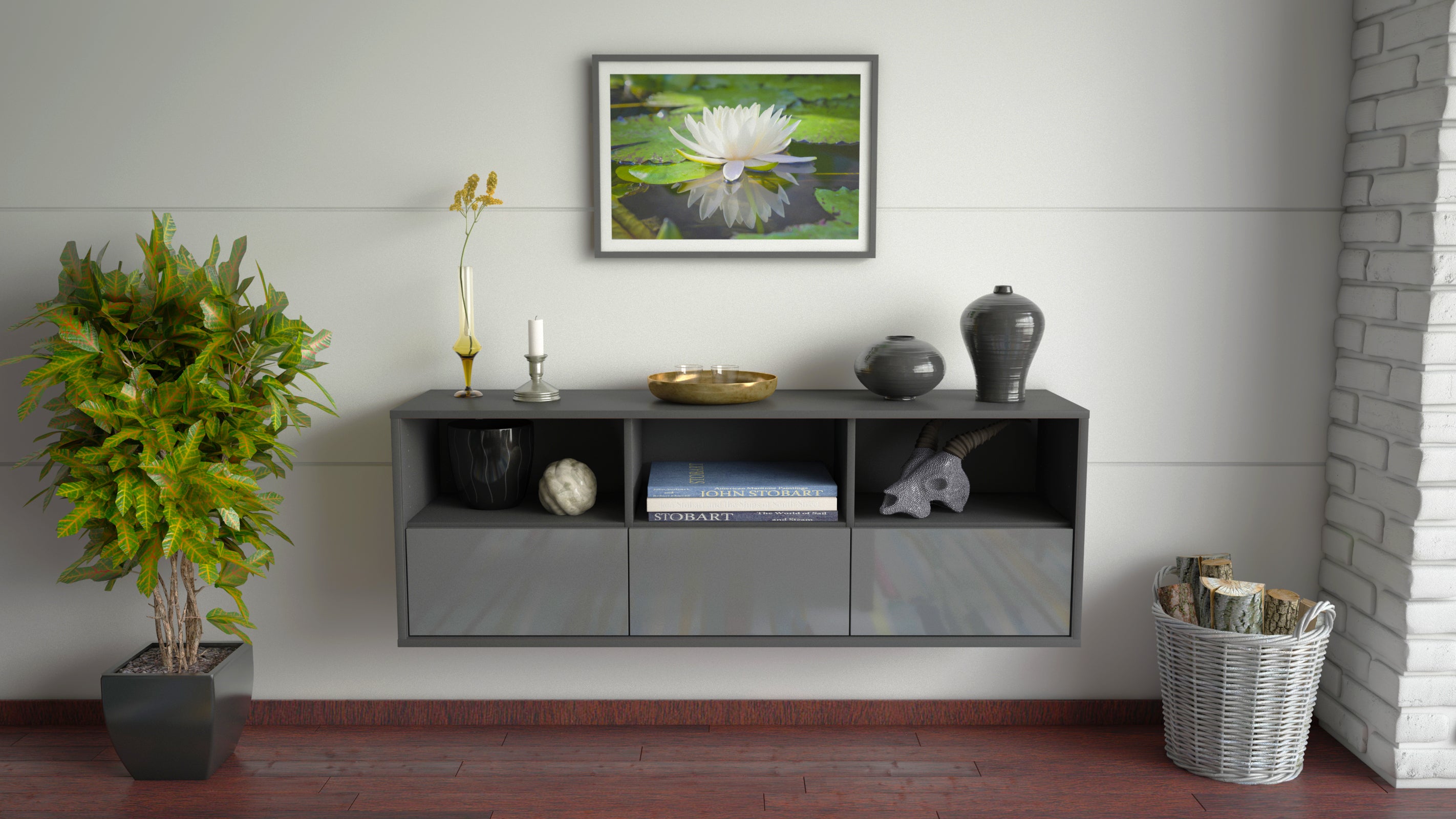Lowboard - Amalia - Design Hochglanz - Wandmontage mit Push to Open 136 cm Anthrazit