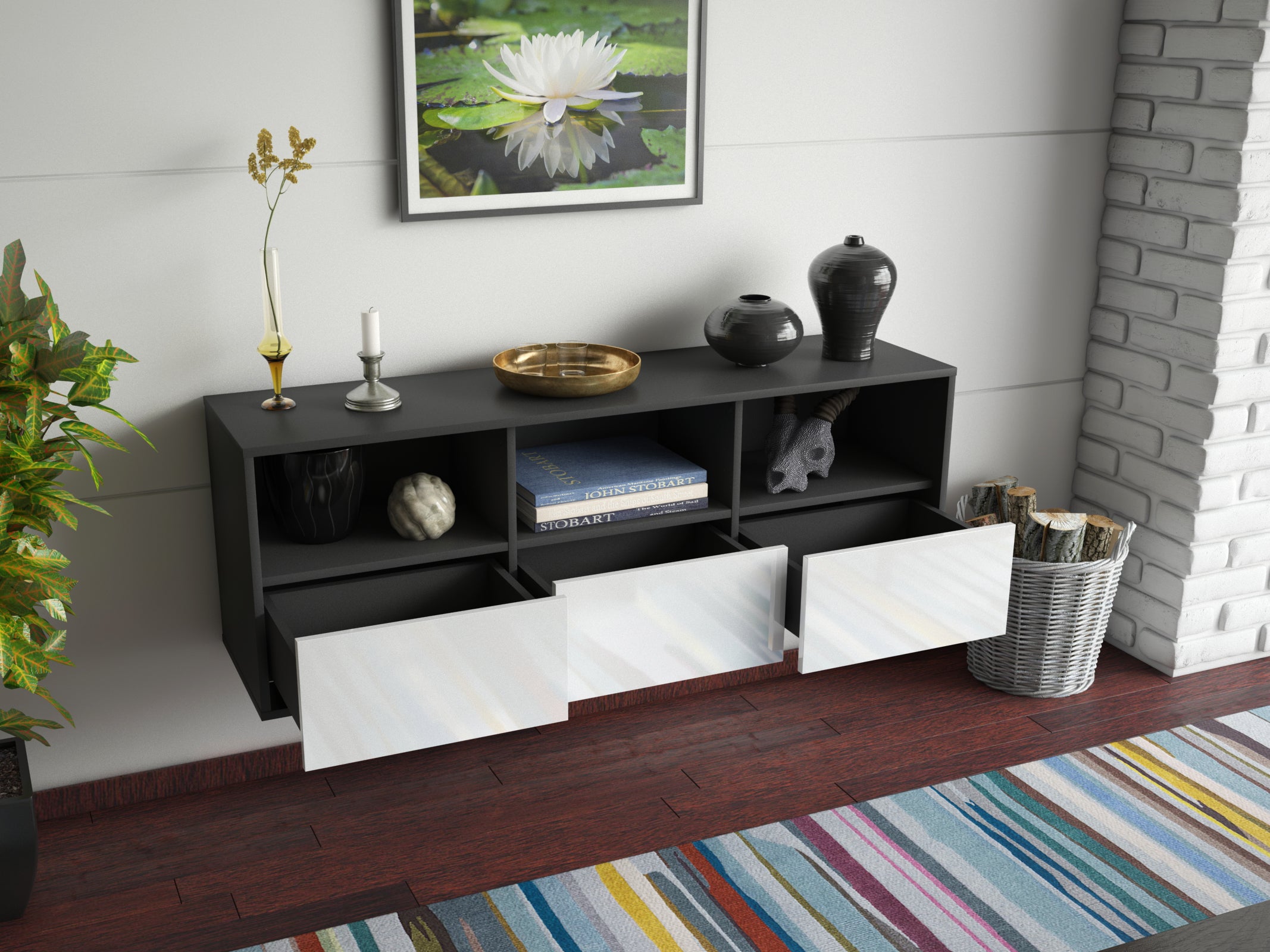 Lowboard - Amalia - Design Hochglanz - Wandmontage mit Push to Open 136 cm Anthrazit