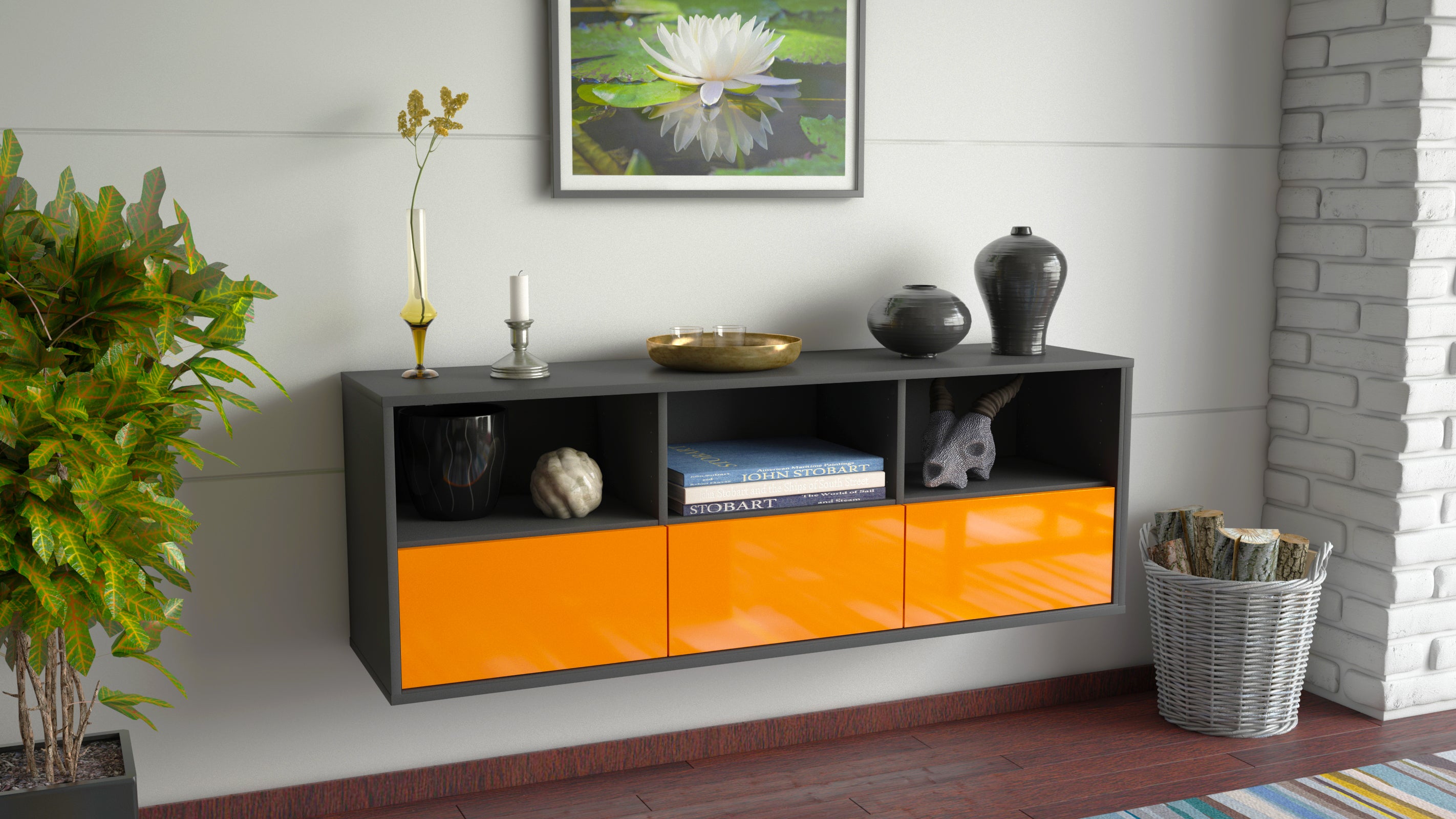 Lowboard - Amalia - Design Hochglanz - Wandmontage mit Push to Open 136 cm Anthrazit