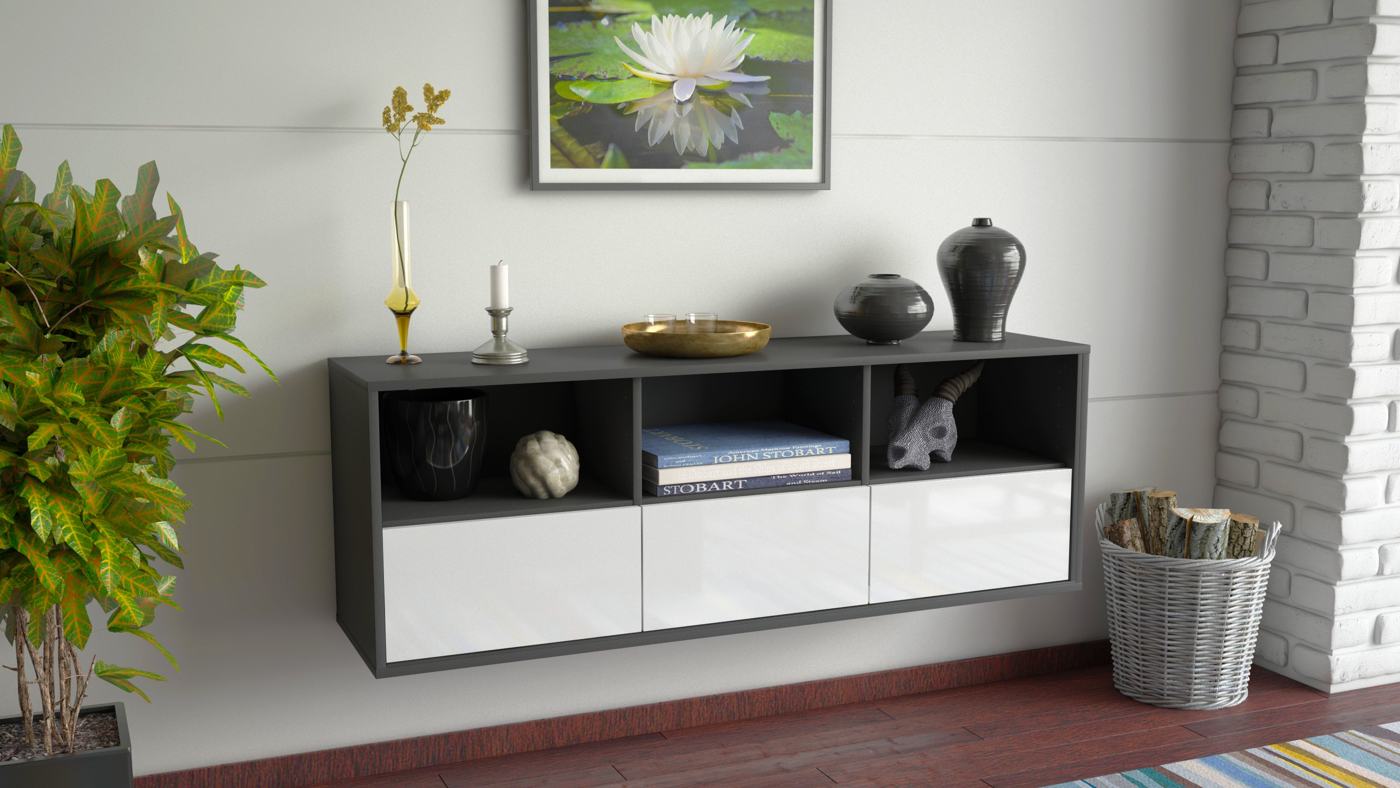 Lowboard - Amalia - Design Hochglanz - Wandmontage mit Push to Open 136 cm Anthrazit
