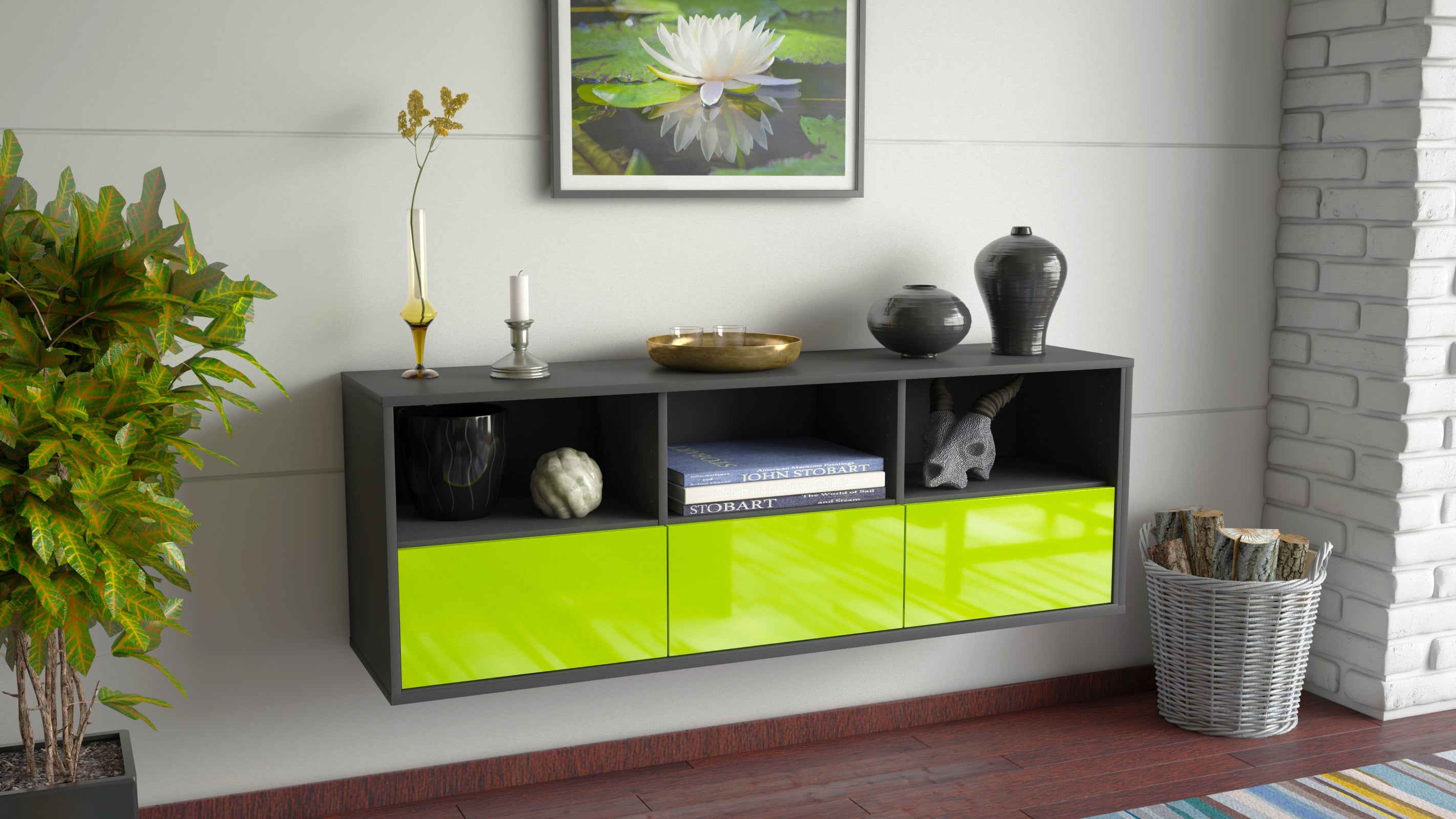 Lowboard - Amalia - Design Hochglanz - Wandmontage mit Push to Open 136 cm Anthrazit