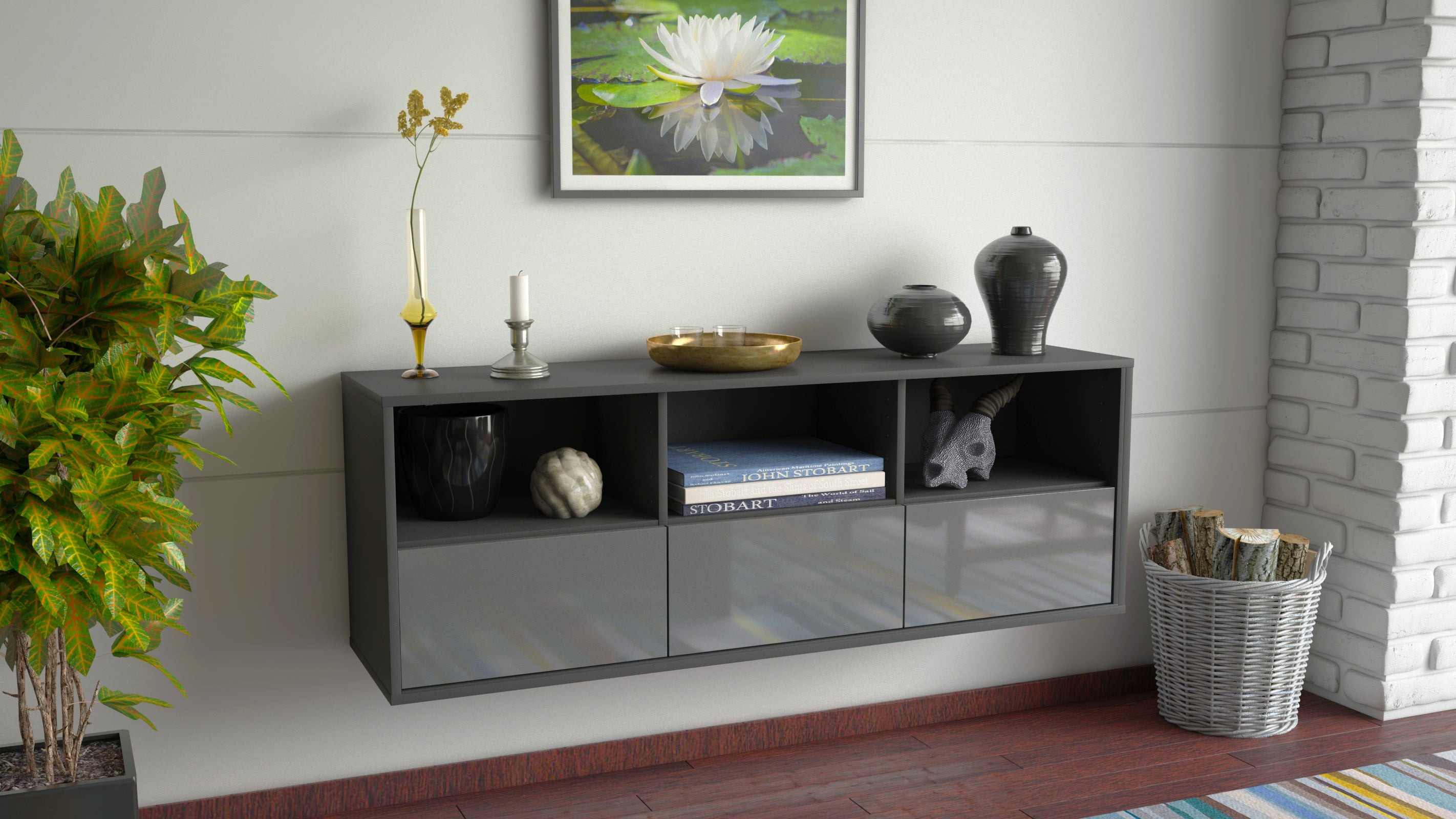 Lowboard - Amalia - Design Hochglanz - Wandmontage mit Push to Open 136 cm Anthrazit
