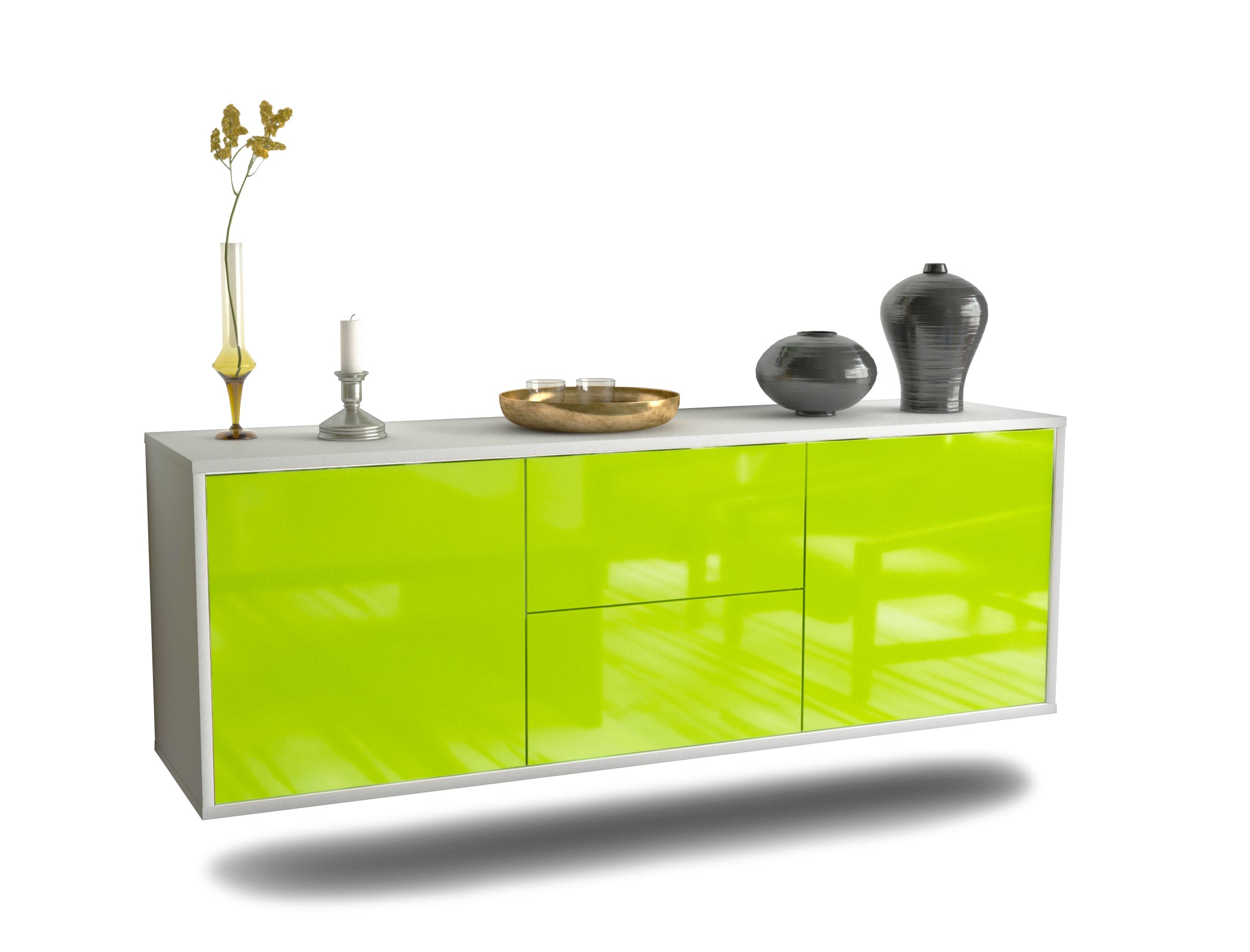 Lowboard - Alma - Design Hochglanz - Wandmontage mit Push to Open 136 cm Weiss