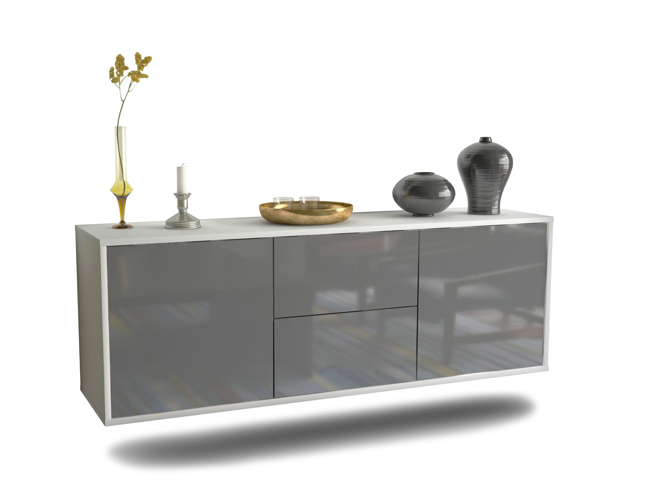 Lowboard - Alma - Design Hochglanz - Wandmontage mit Push to Open 136 cm Weiss