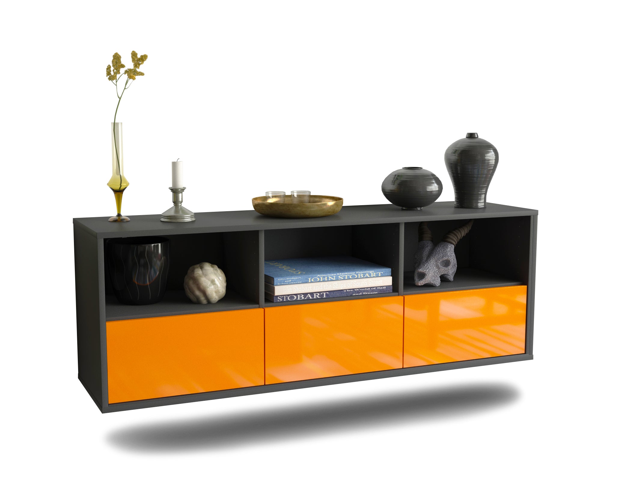 Lowboard - Amalia - Design Hochglanz - Wandmontage mit Push to Open 136 cm Anthrazit