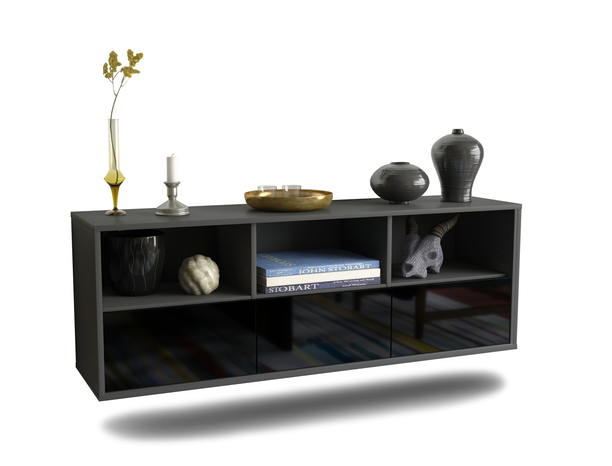 Lowboard - Amalia - Design Hochglanz - Wandmontage mit Push to Open 136 cm Anthrazit
