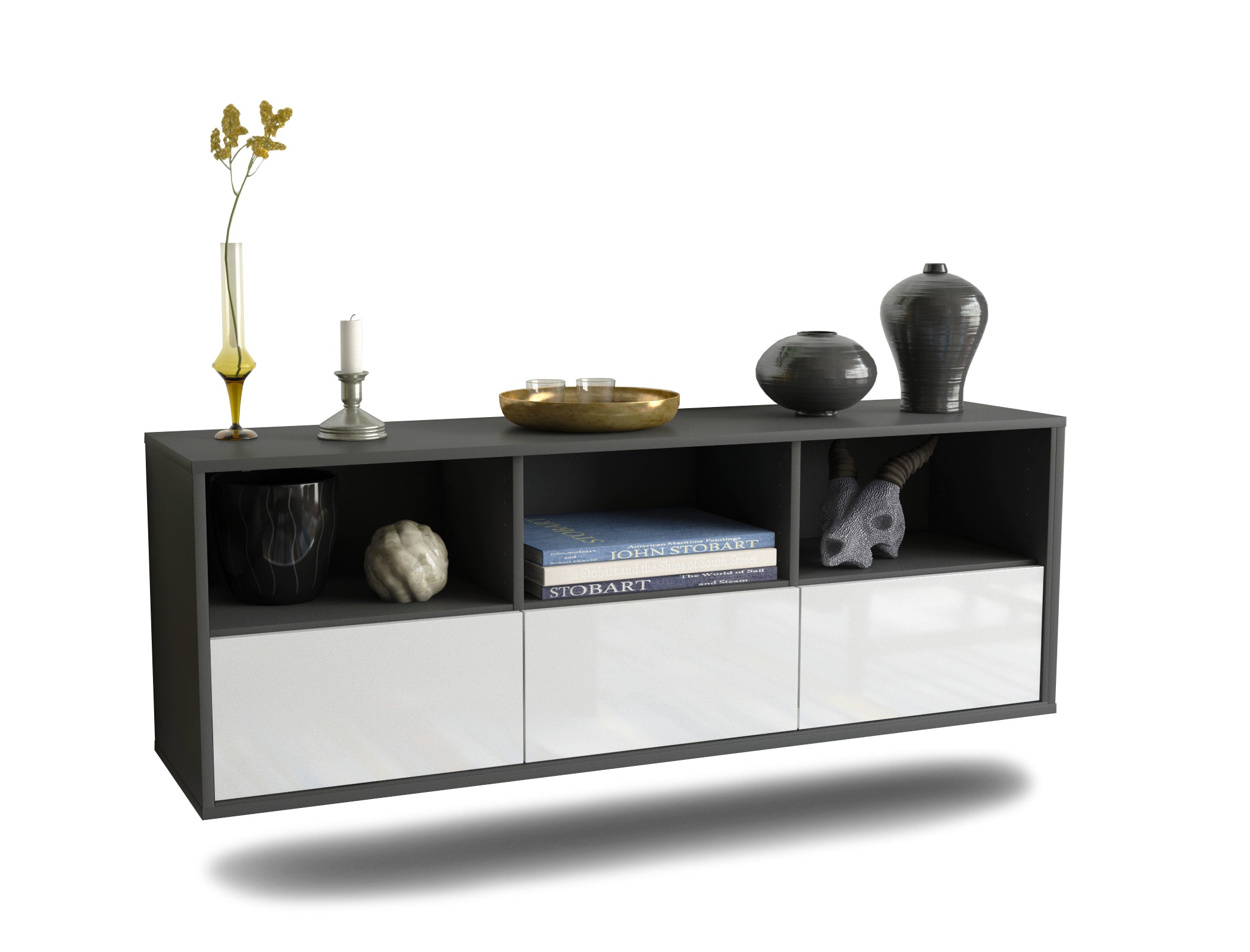 Lowboard - Amalia - Design Hochglanz - Wandmontage mit Push to Open 136 cm Anthrazit