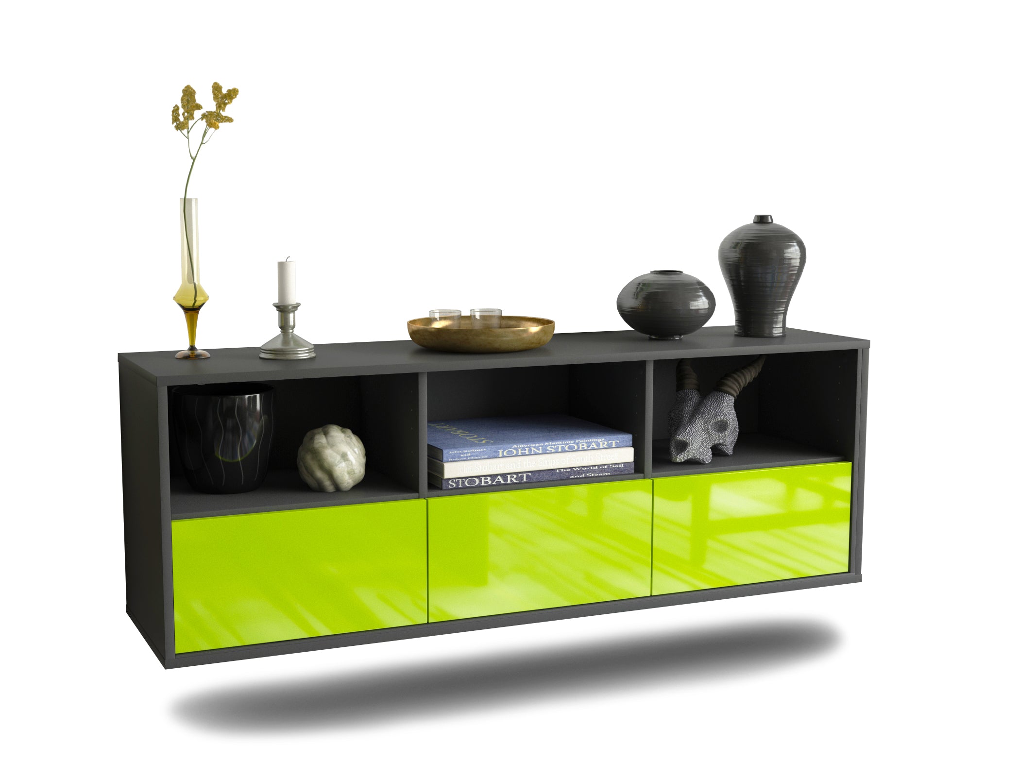 Lowboard - Amalia - Design Hochglanz - Wandmontage mit Push to Open 136 cm Anthrazit