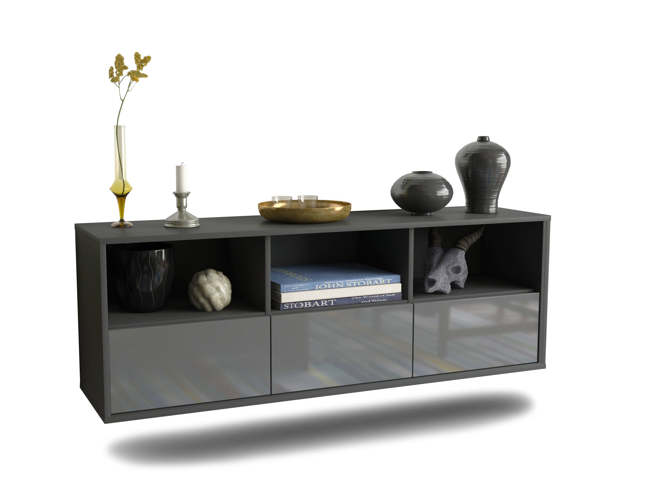 Lowboard - Amalia - Design Hochglanz - Wandmontage mit Push to Open 136 cm Anthrazit