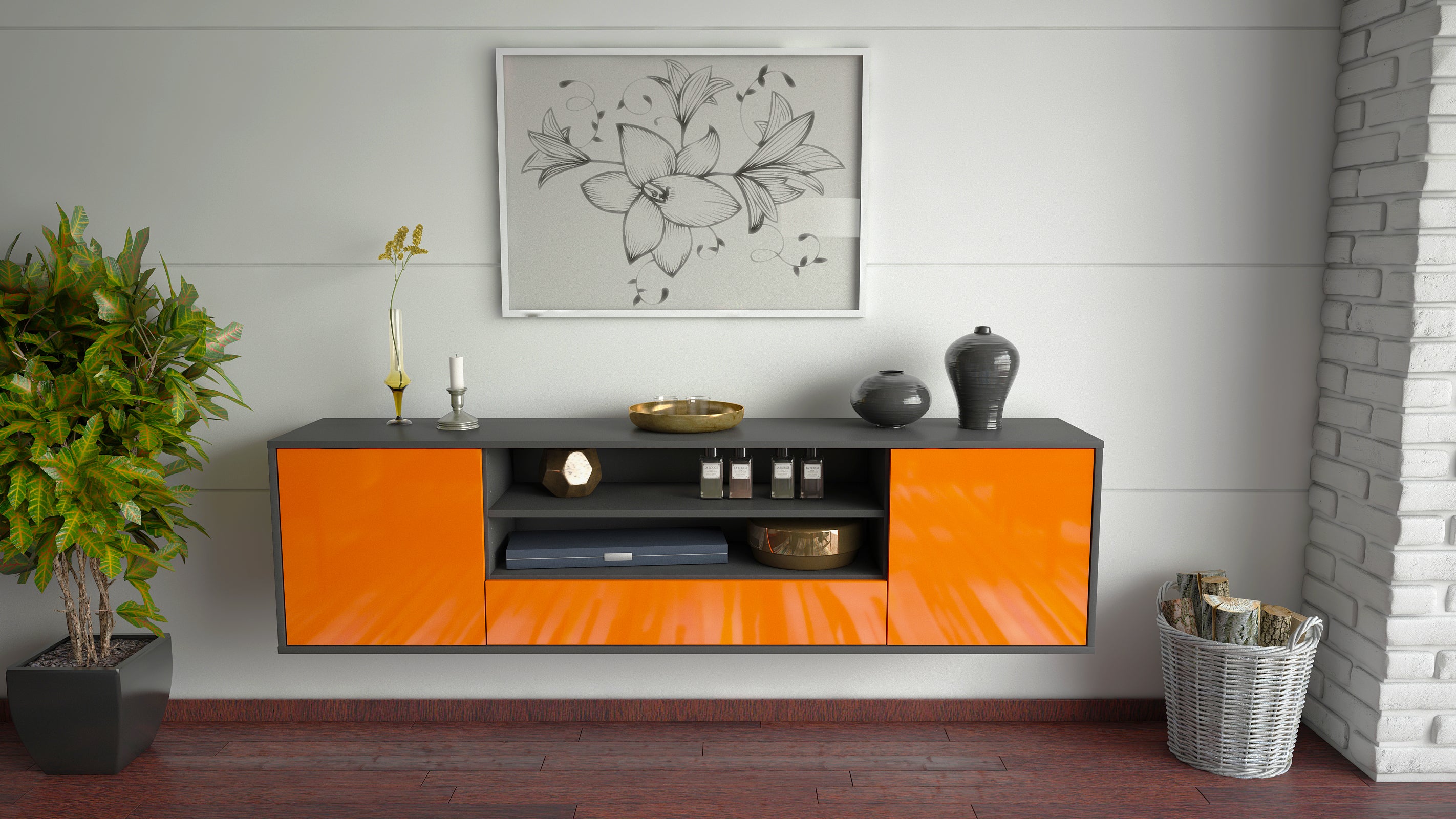 Lowboard - Armida - Design Hochglanz - Wandmontage mit Push to Open 180 cm Anthrazit