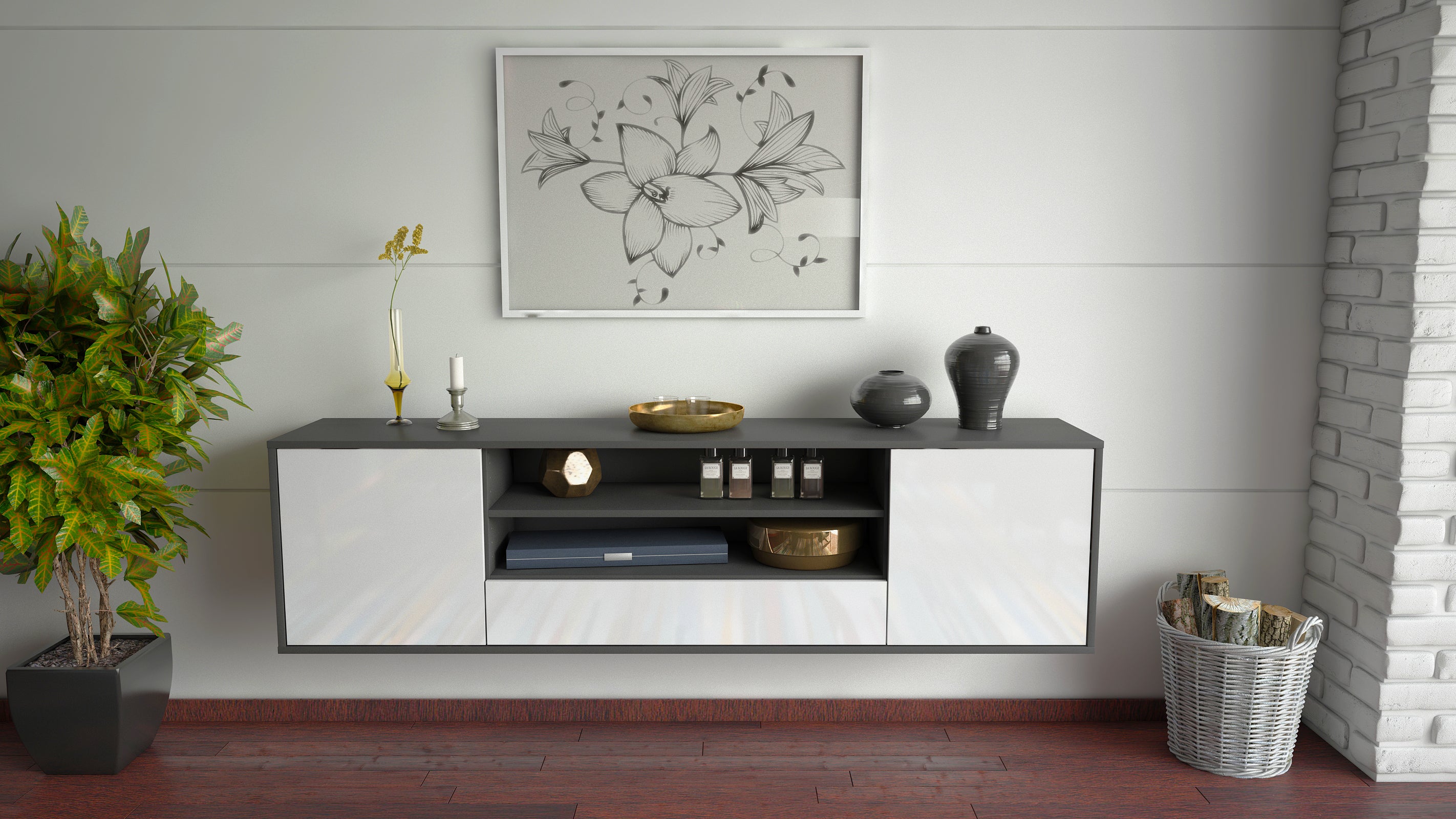 Lowboard - Armida - Design Hochglanz - Wandmontage mit Push to Open 180 cm Anthrazit