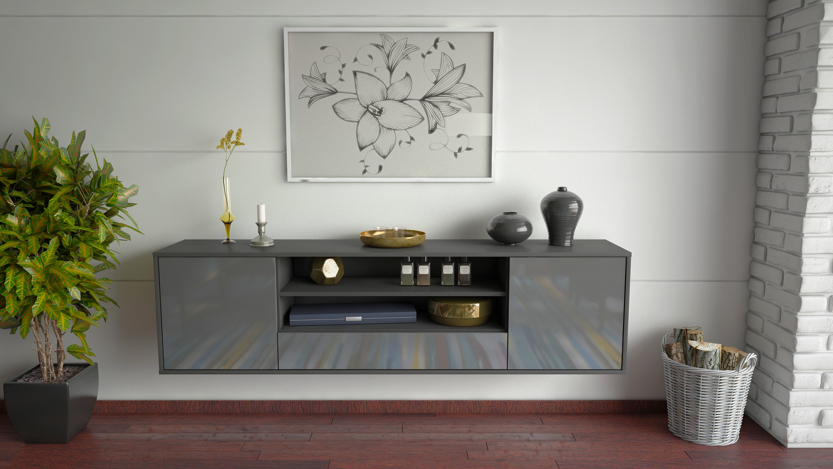 Lowboard - Armida - Design Hochglanz - Wandmontage mit Push to Open 180 cm Anthrazit