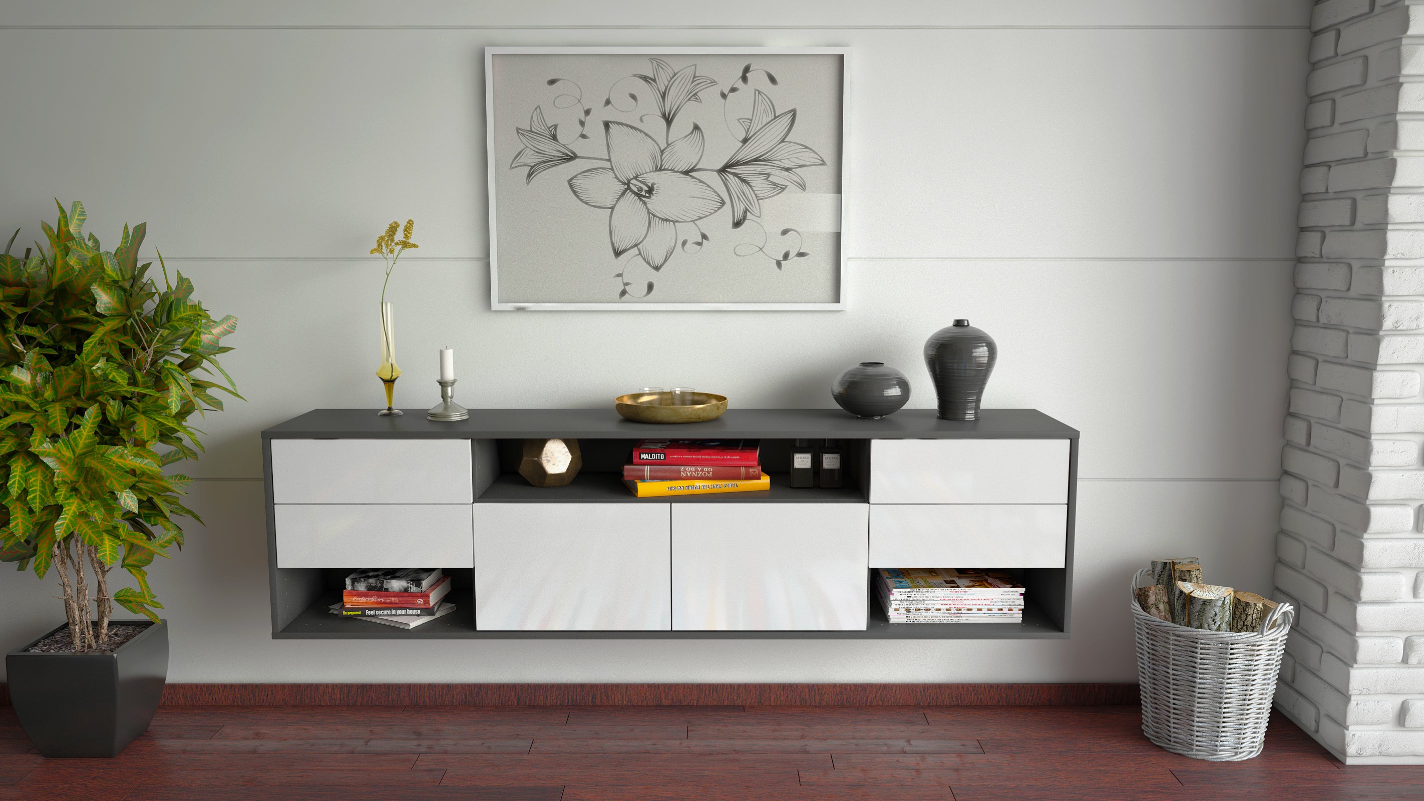 Lowboard - Barbara - Design Hochglanz - Wandmontage mit Push to Open 180 cm Anthrazit