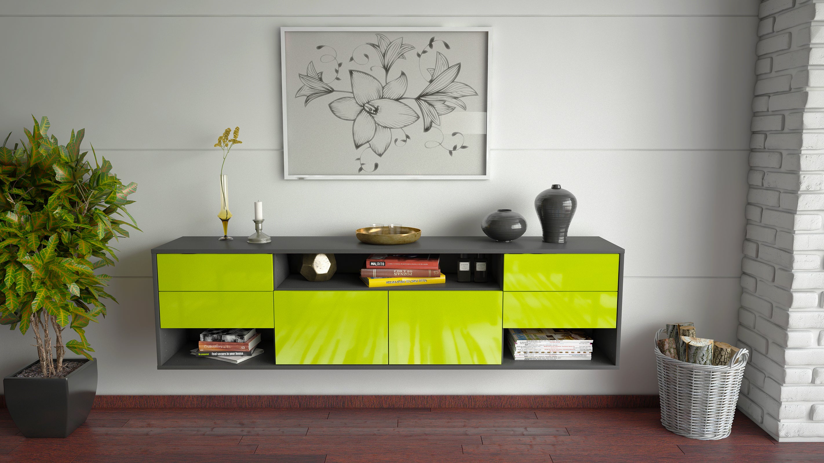 Lowboard - Barbara - Design Hochglanz - Wandmontage mit Push to Open 180 cm Anthrazit