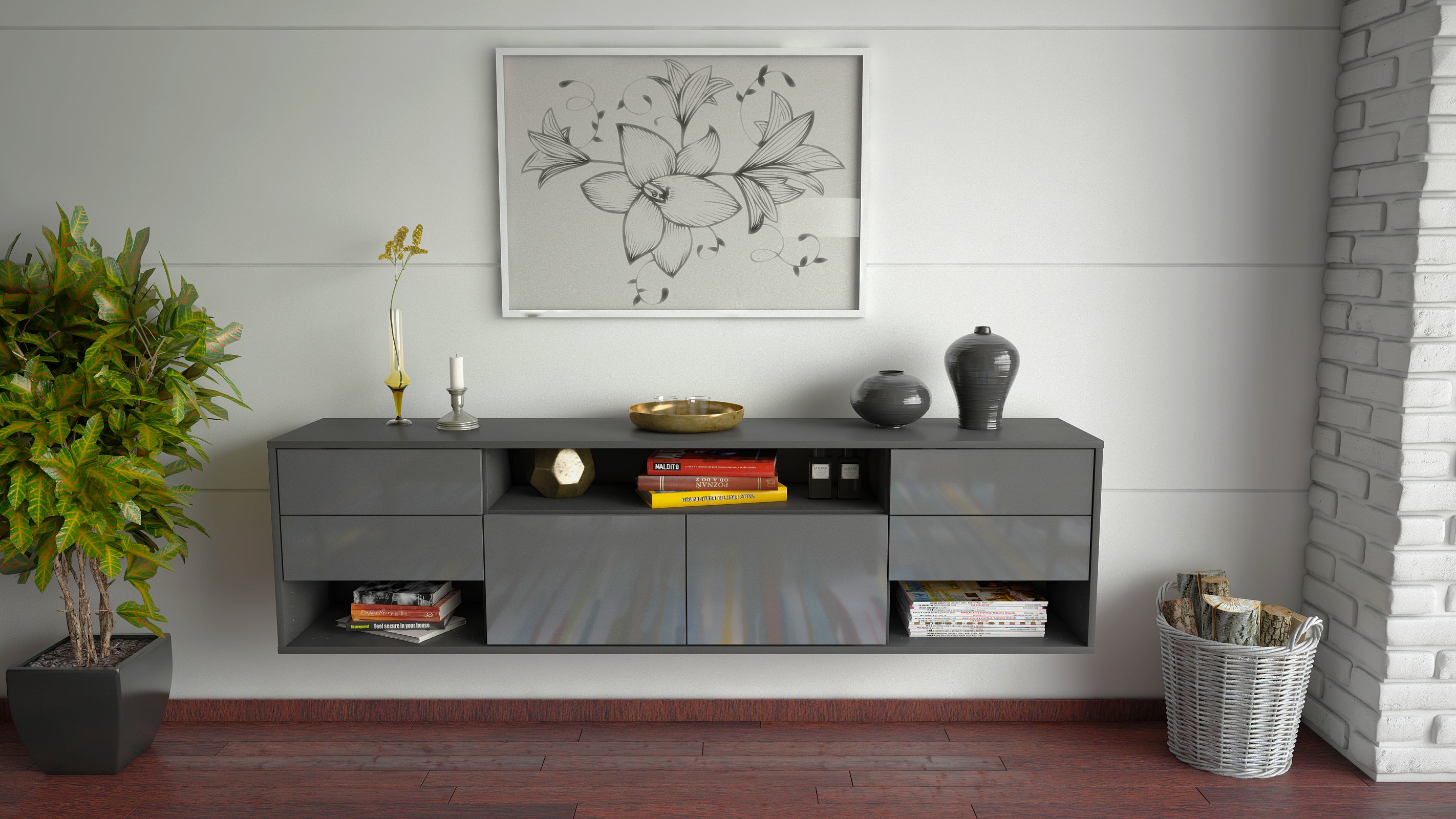 Lowboard - Barbara - Design Hochglanz - Wandmontage mit Push to Open 180 cm Anthrazit