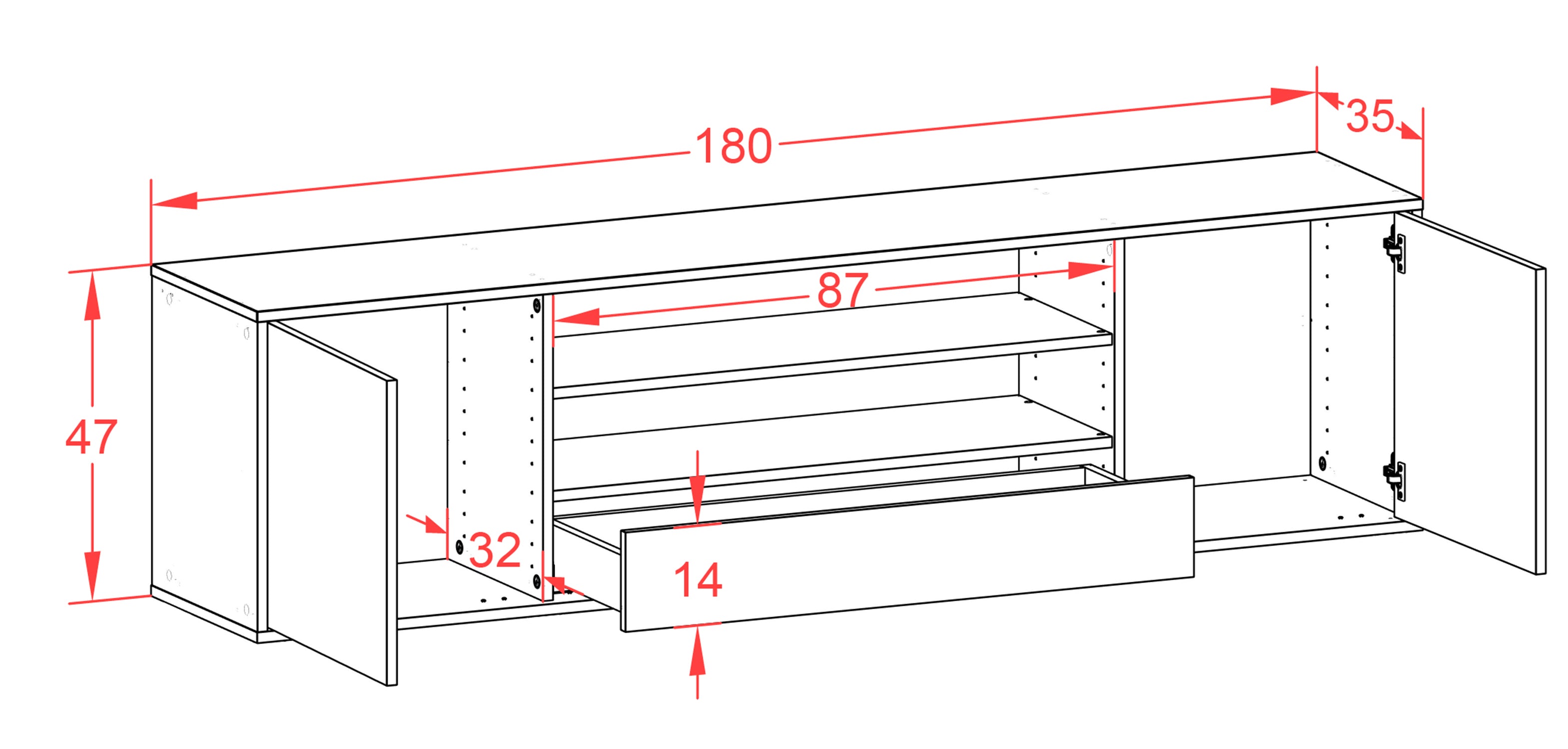 Lowboard - Armida - Design Hochglanz - Wandmontage mit Push to Open 180 cm Anthrazit