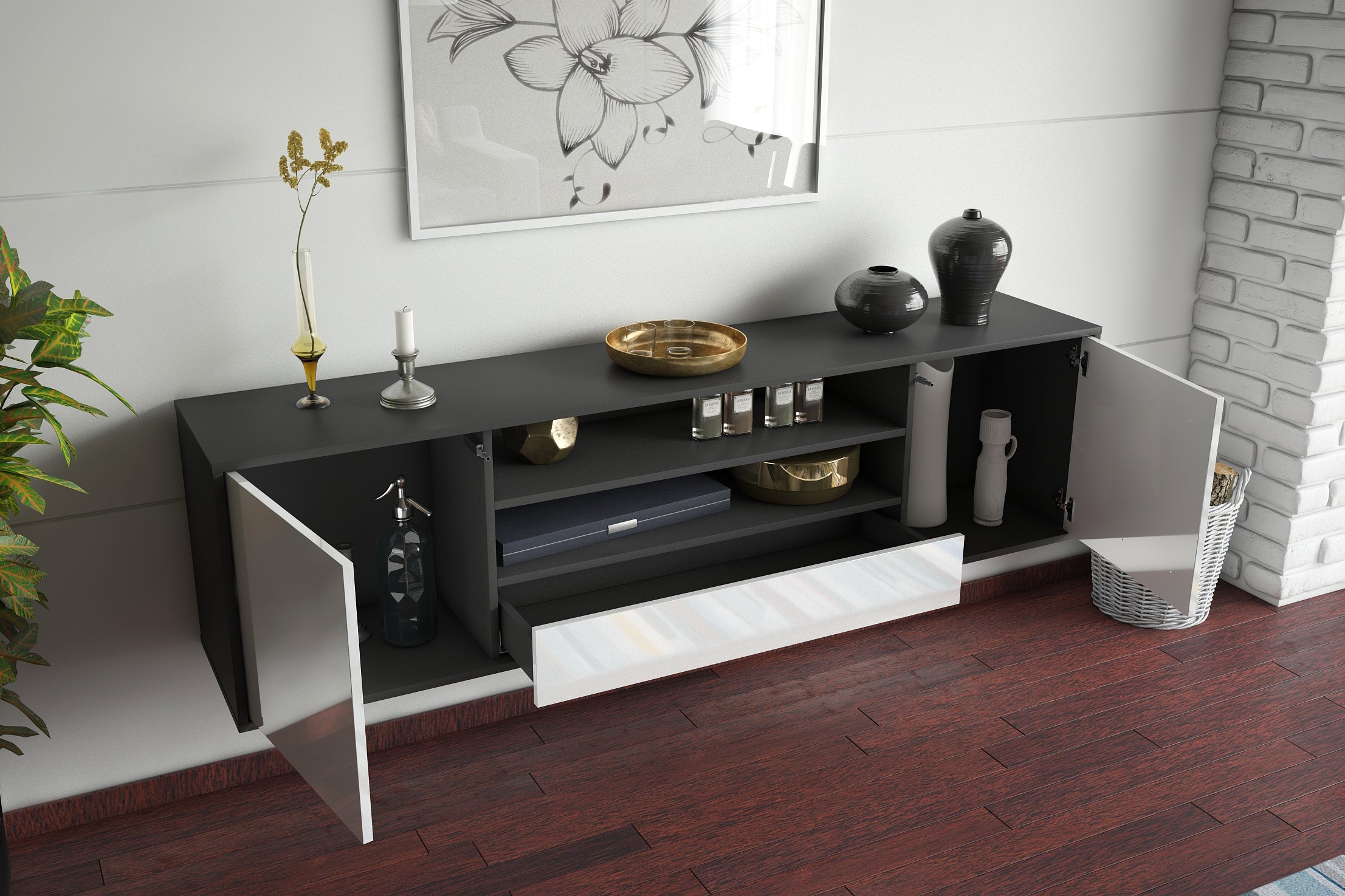 Lowboard - Armida - Design Hochglanz - Wandmontage mit Push to Open 180 cm Anthrazit