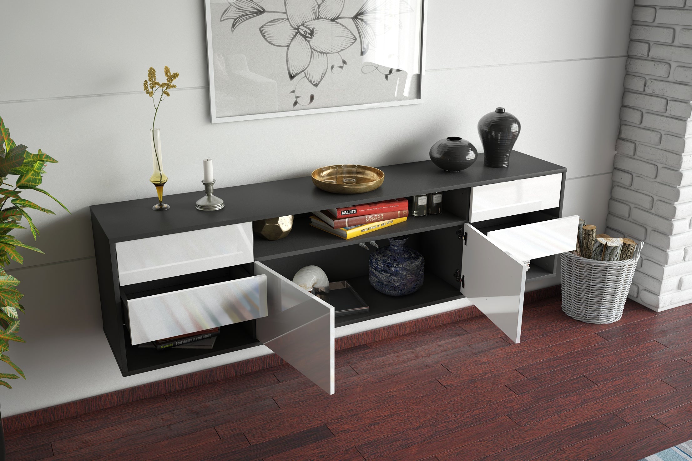 Lowboard - Barbara - Design Hochglanz - Wandmontage mit Push to Open 180 cm Anthrazit